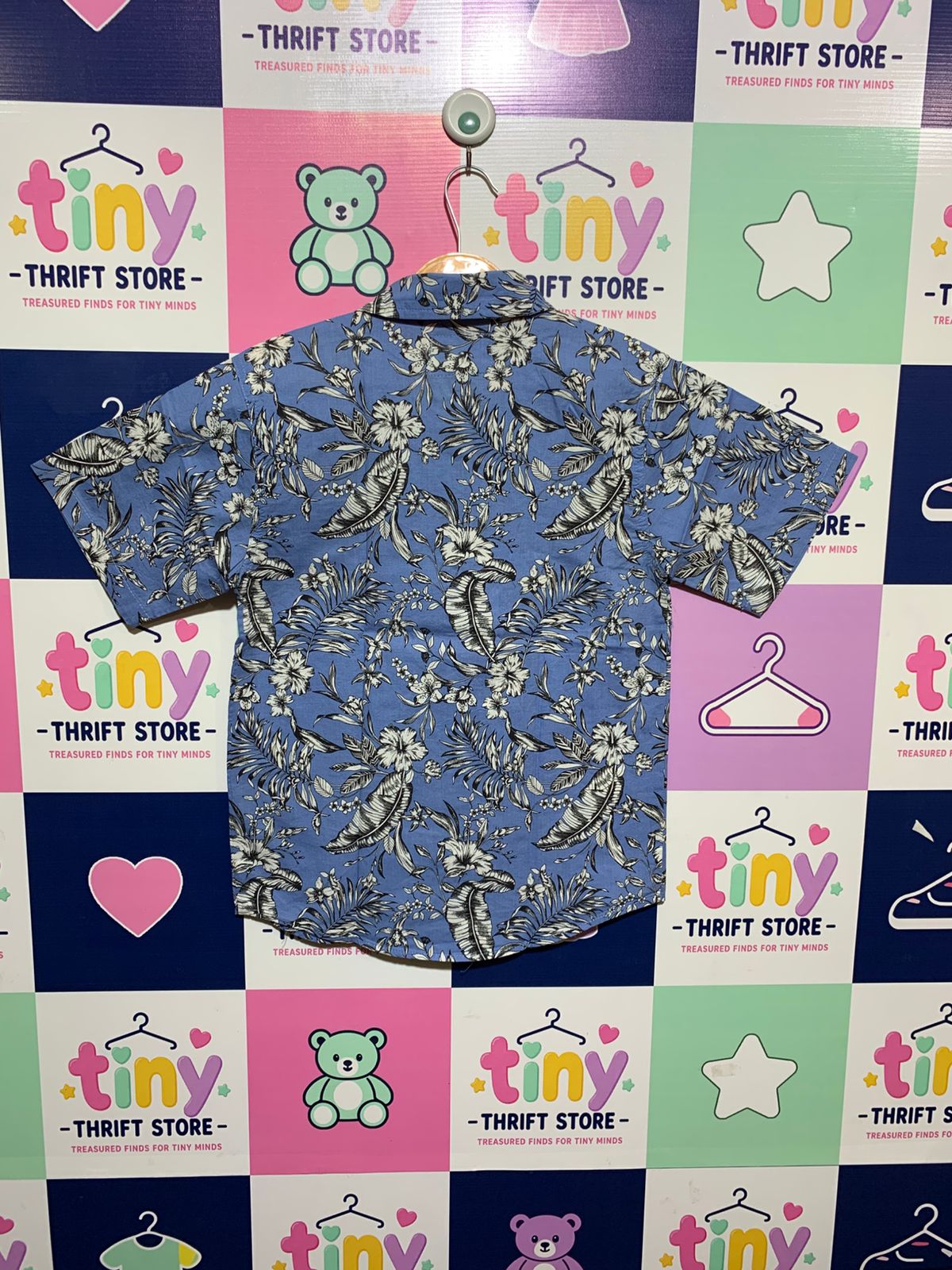 Encrypted Boys Periwinkle Blue "Tropical Hibiscus & Fern" Short Sleeve Button-Down - Size Estimated Age 12 AB1