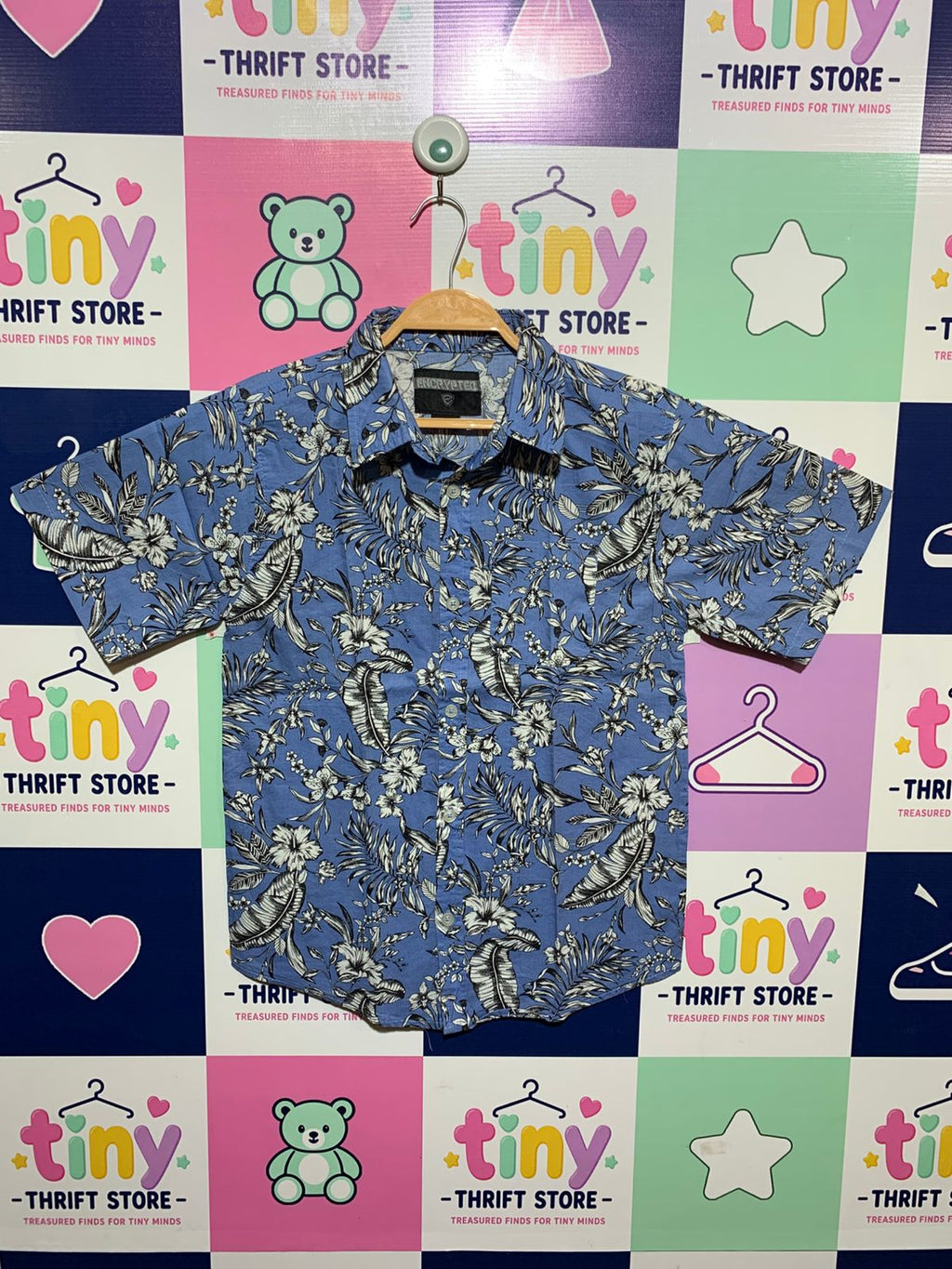 Encrypted Boys Periwinkle Blue "Tropical Hibiscus & Fern" Short Sleeve Button-Down - Size Estimated Age 12 AB1