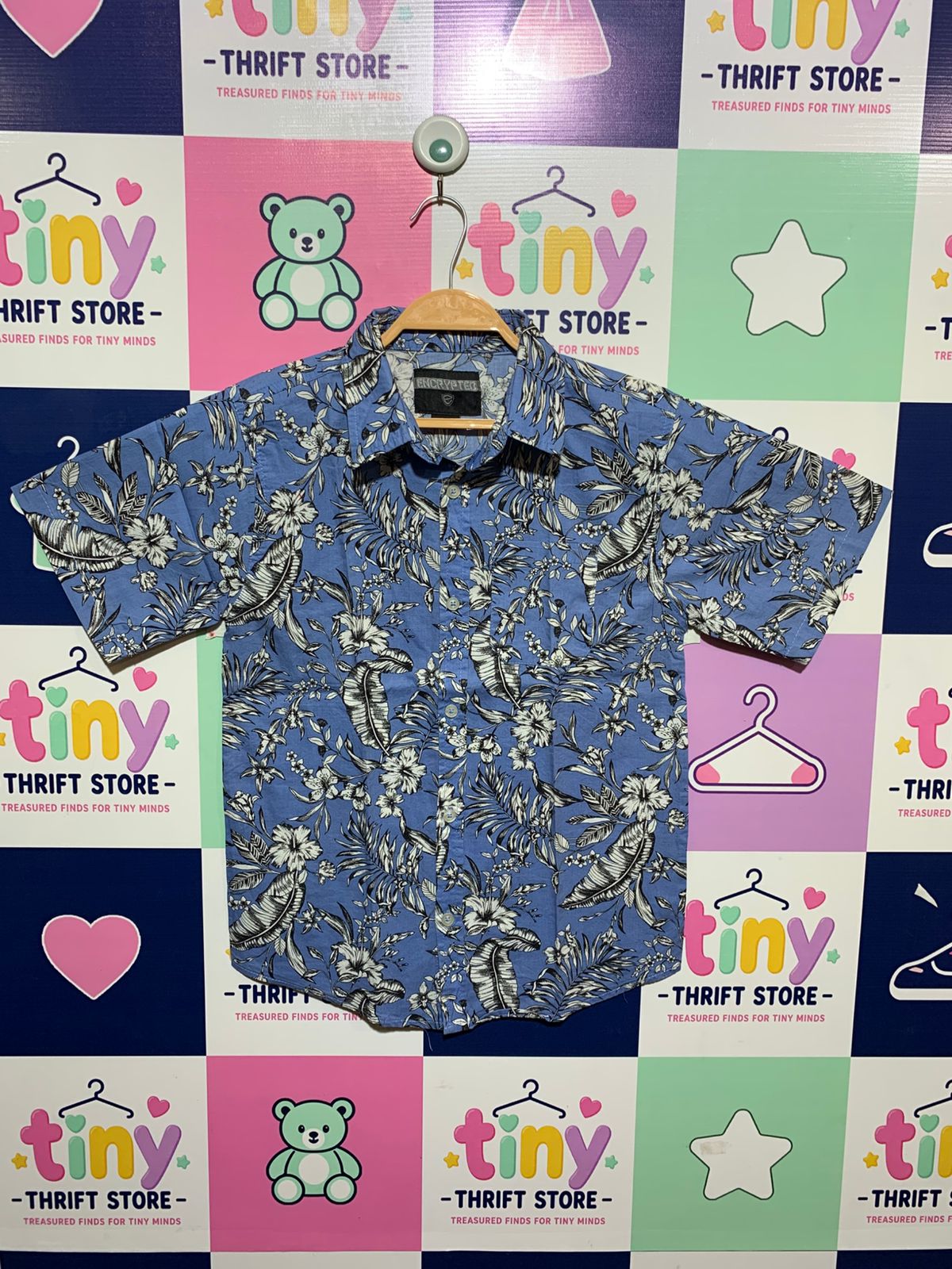Encrypted Boys Periwinkle Blue "Tropical Hibiscus & Fern" Short Sleeve Button-Down - Size Estimated Age 12 AB1