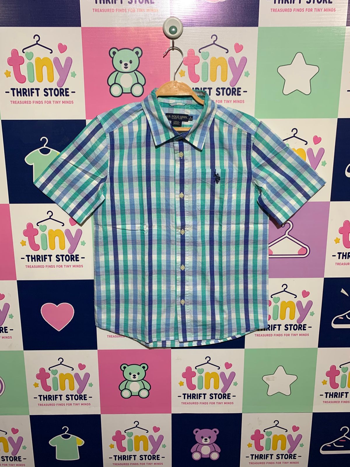 U.S. Polo Assn. Boys Turquoise & Blue Plaid Short Sleeve Button-Down - Size L (10-12) AB1