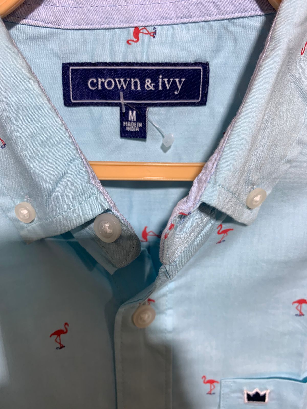Crown & Ivy Boys Light Blue Flamingo Print Short Sleeve Button-Down - Size M (8-10) AB1