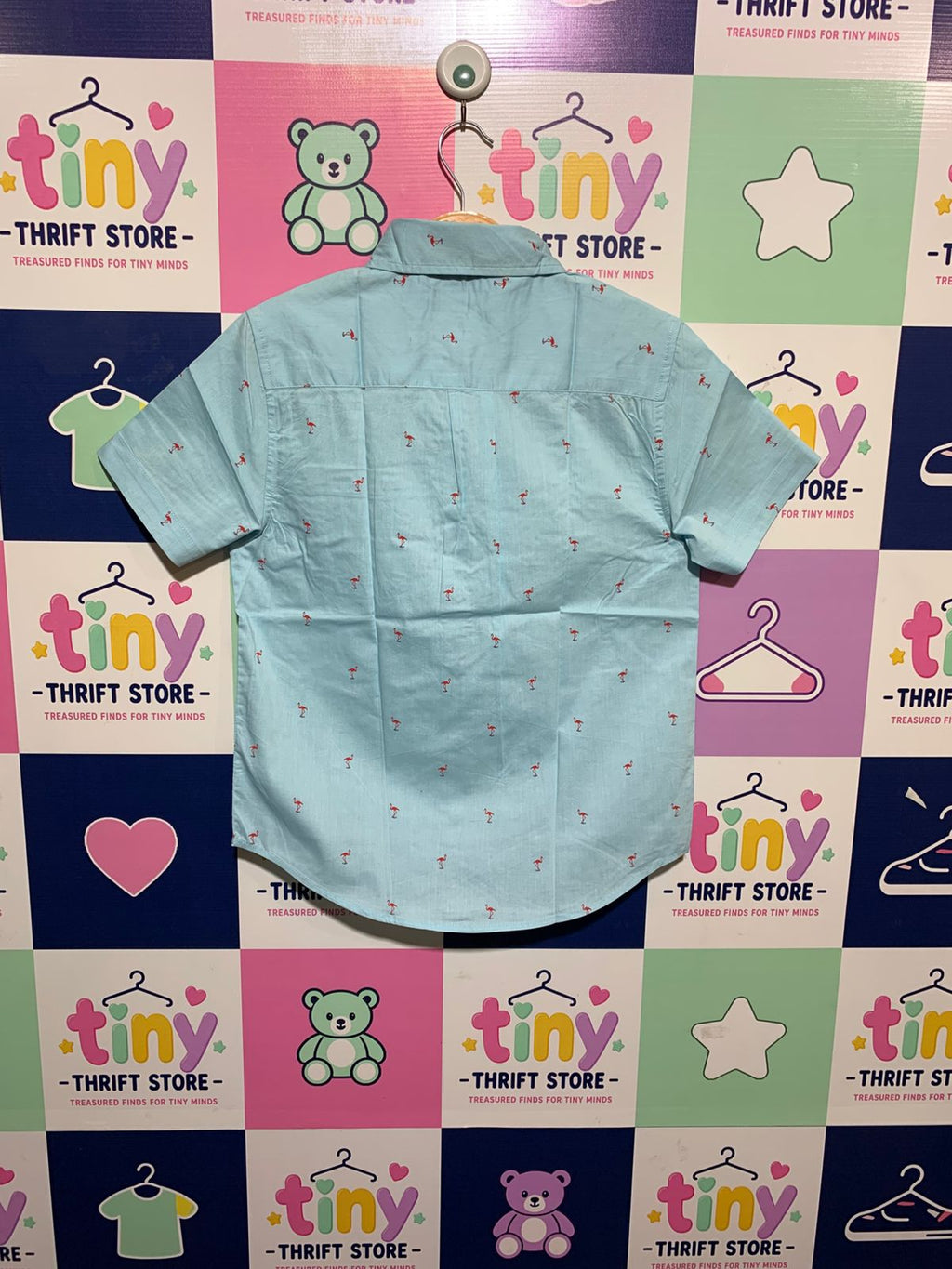 Crown & Ivy Boys Light Blue Flamingo Print Short Sleeve Button-Down - Size M (8-10) AB1