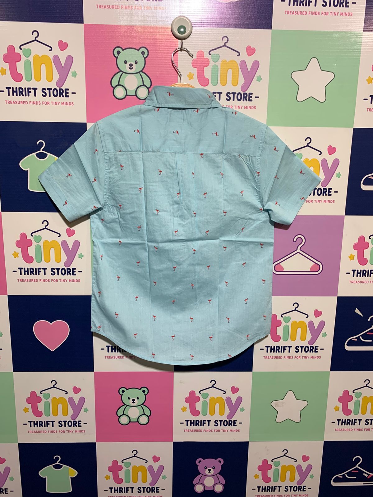 Crown & Ivy Boys Light Blue Flamingo Print Short Sleeve Button-Down - Size M (8-10) AB1