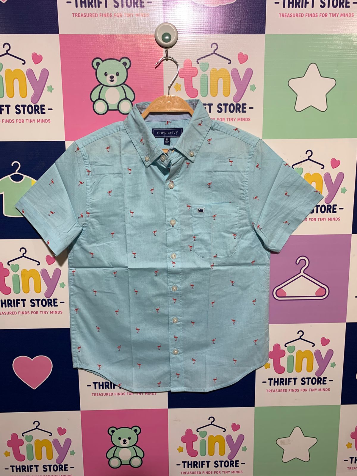 Crown & Ivy Boys Light Blue Flamingo Print Short Sleeve Button-Down - Size M (8-10) AB1