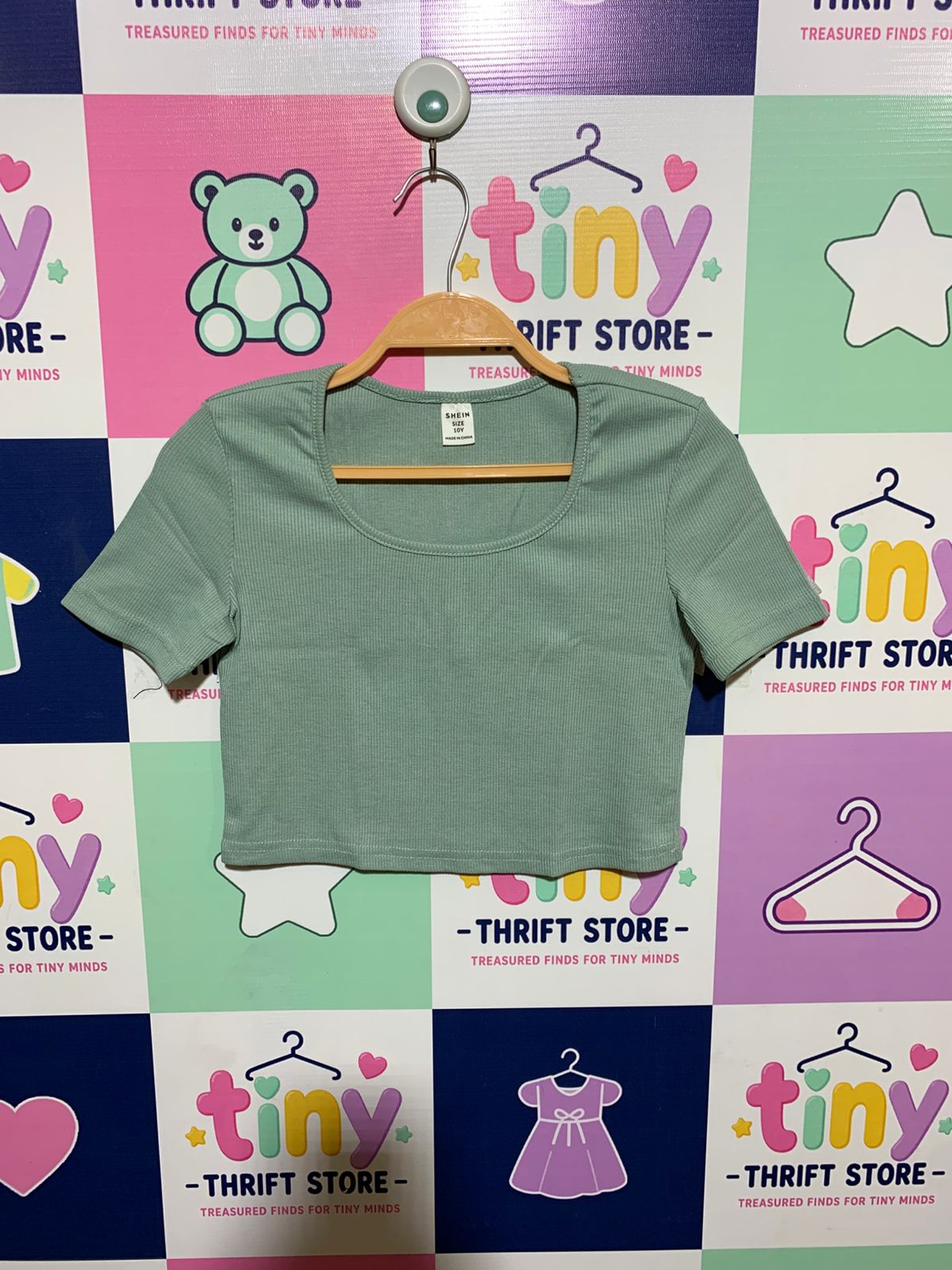 SHEIN Girls Sage Green Rib-Knit Short Sleeve Crop Top - Size 10Y (Estimated Age 10 Years) AB1