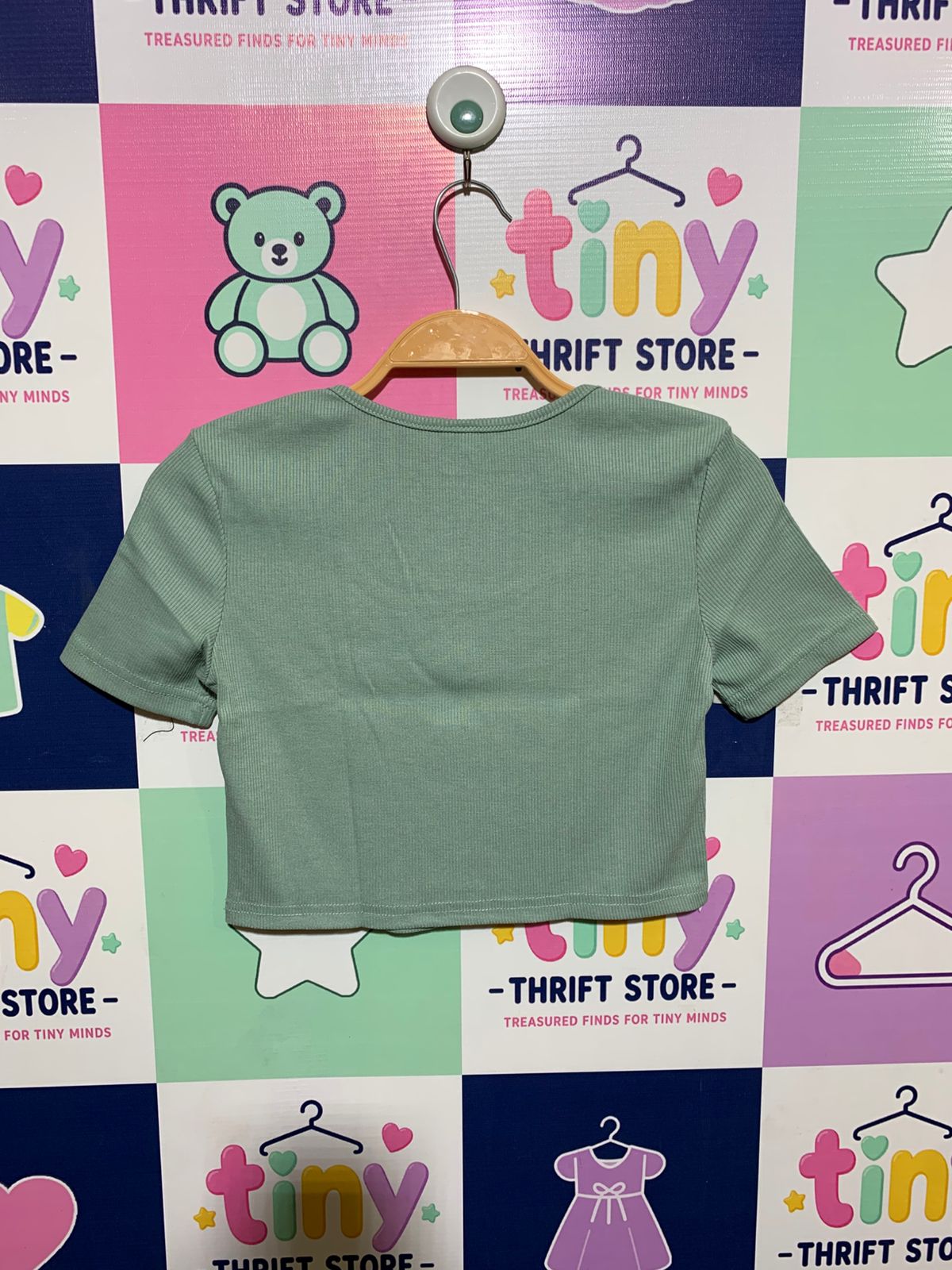 SHEIN Girls Sage Green Rib-Knit Short Sleeve Crop Top - Size 10Y (Estimated Age 10 Years) AB1