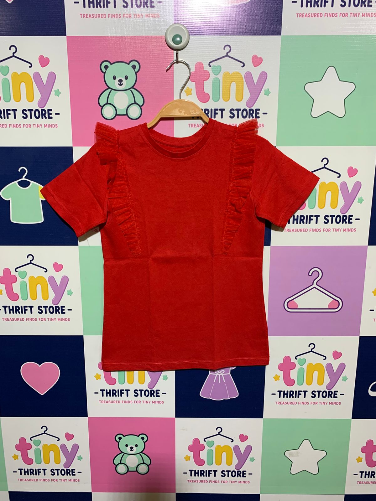 Nutmeg Girls Vibrant Red Mesh Frill Sleeve Tee - Size 9-10 Years (Height 134-140cm) AB1