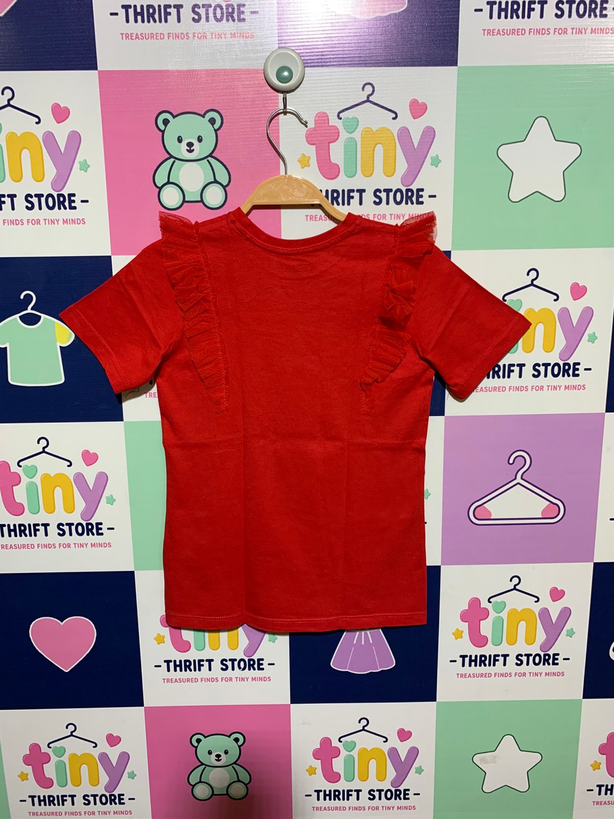 Nutmeg Girls Vibrant Red Mesh Frill Sleeve Tee - Size 9-10 Years (Height 134-140cm) AB1