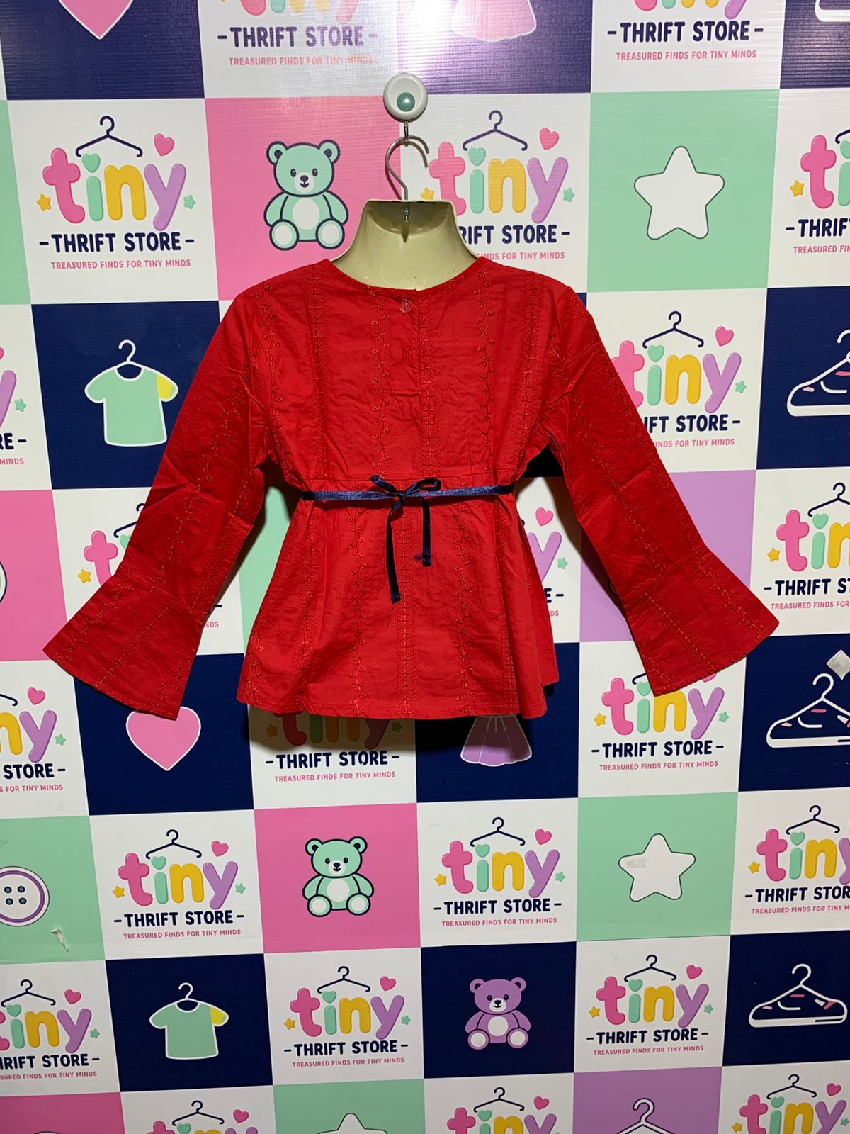Pogo Club of NY Girls Red Embroidered Boho Bell-Sleeve Blouse - Size M 10/12 AB1