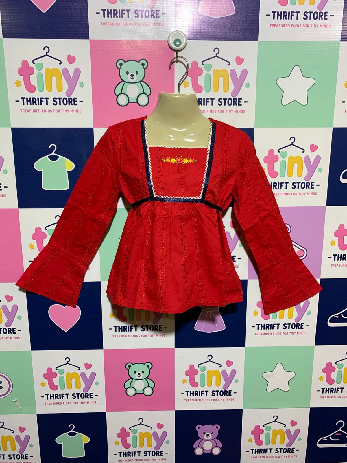 Pogo Club of NY Girls Red Embroidered Boho Bell-Sleeve Blouse - Size M 10/12 AB1