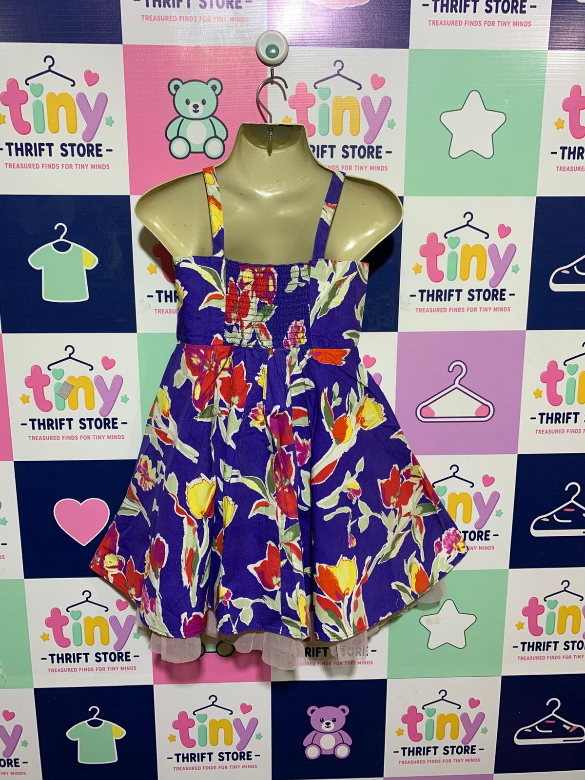 Sweet Millie Girls Purple Floral Sundress with Pink Tulle Trim - Size Estimated Age 6 Years AB1