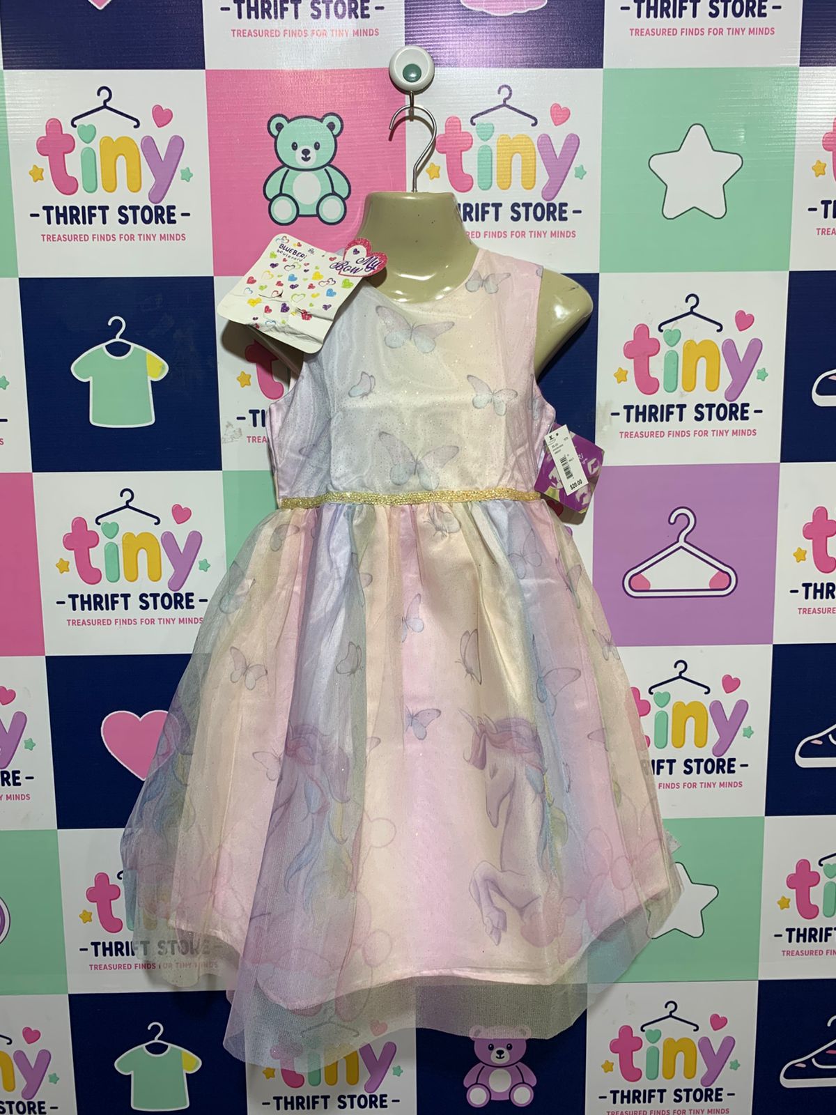 Blueberi Boulevard Girls Multi-Color Pastel Unicorn & Butterfly Tulle Dress - Size 10 AB1