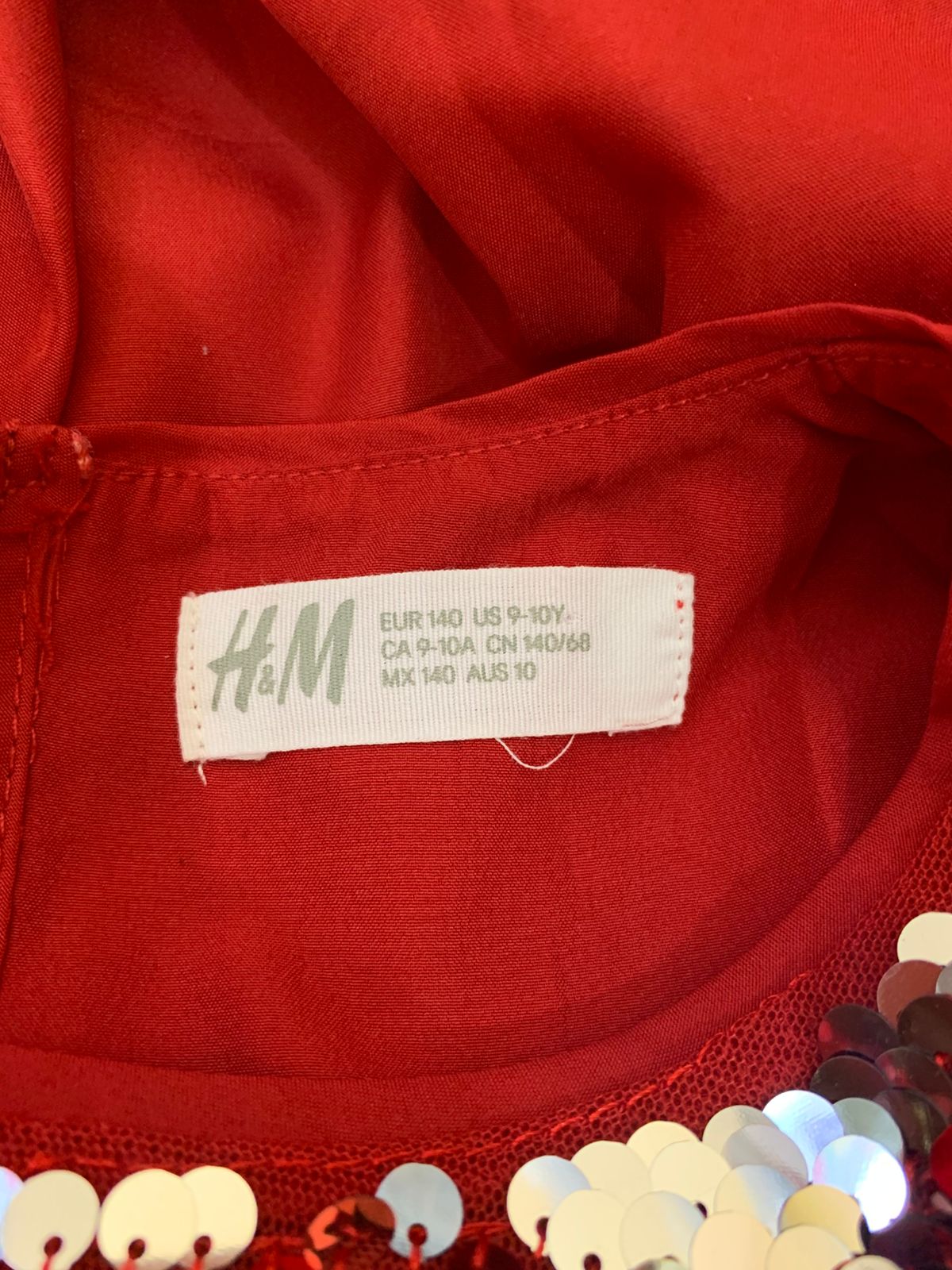 H&M Girls Red Sparkling Sequin A-Line Party Dress - Size Estimated Age 9-10Y AB1