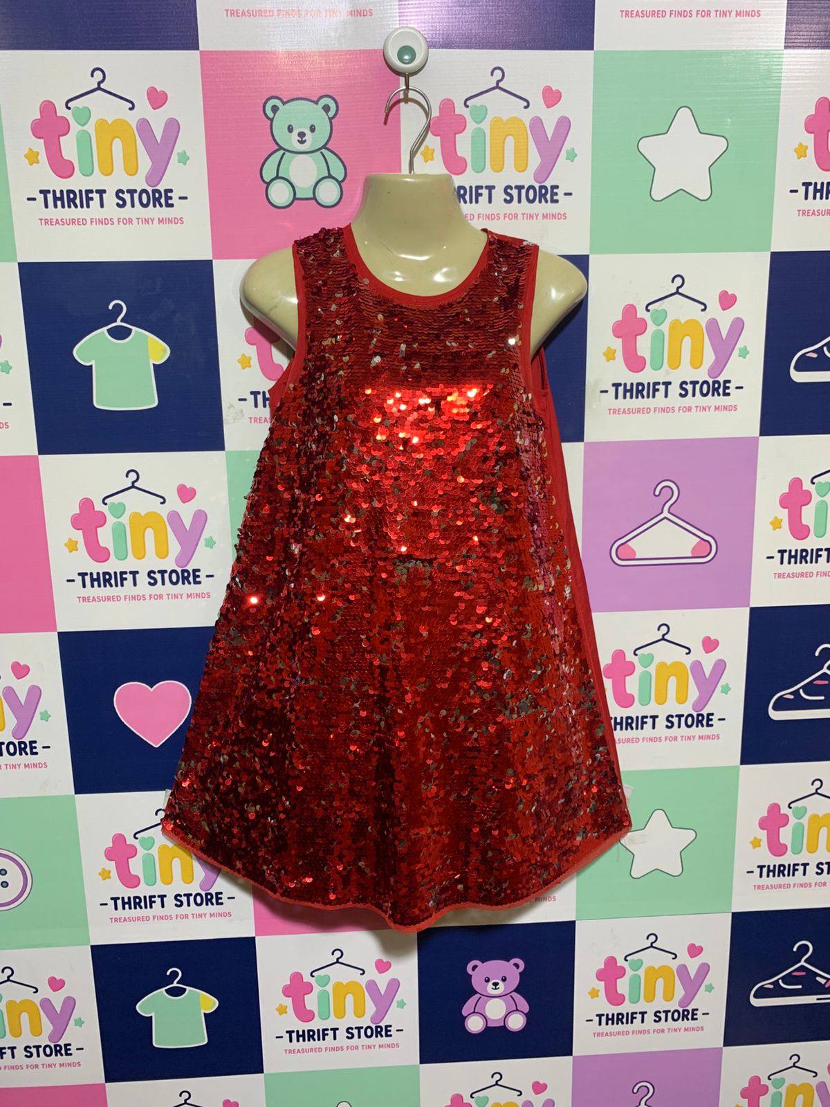 H&M Girls Red Sparkling Sequin A-Line Party Dress - Size Estimated Age 9-10Y AB1