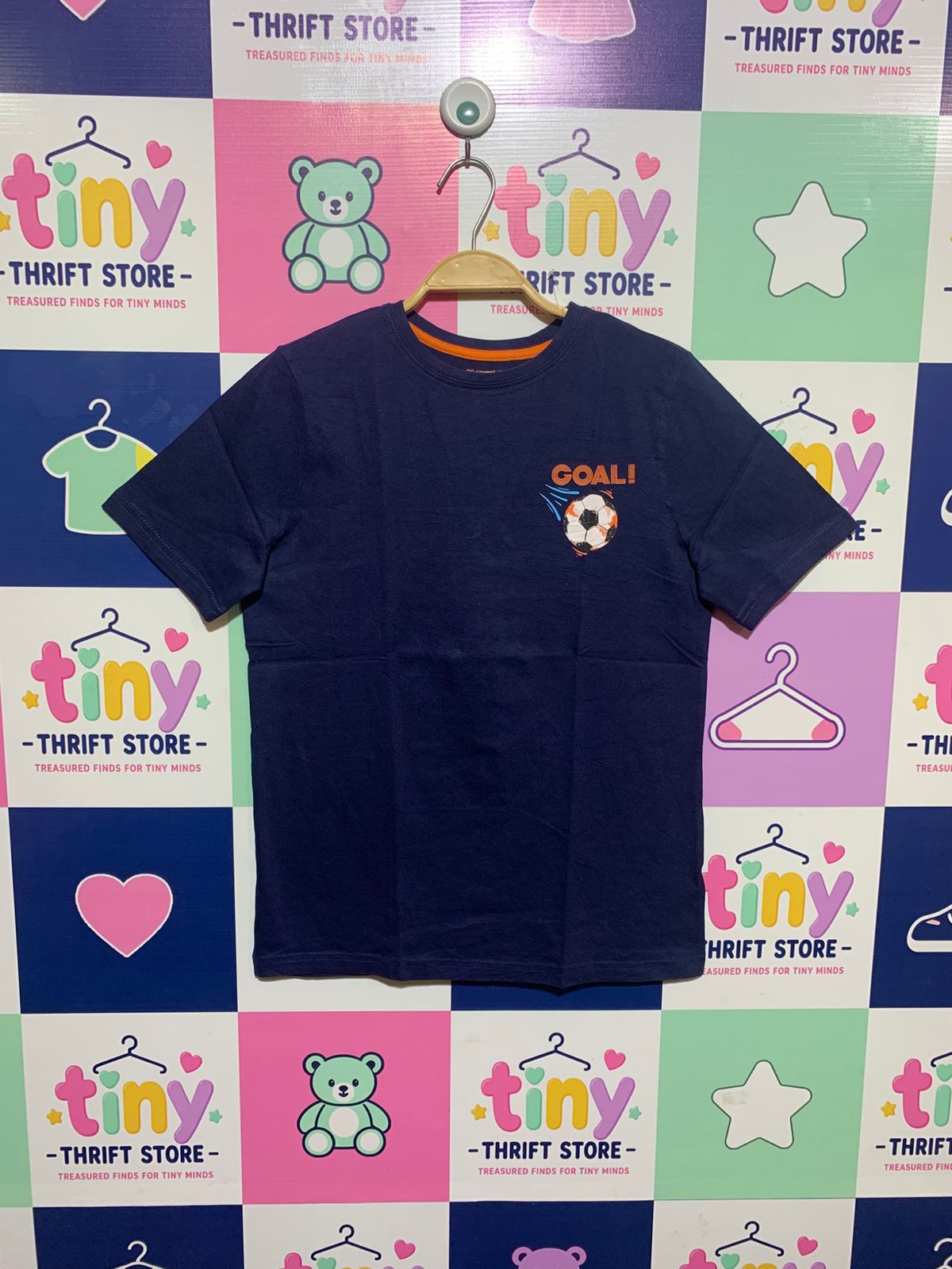 Primark Cares Boys Navy Blue "GOAL!" Soccer Graphic Tee - Size Estimated Age 11-12Y AB1