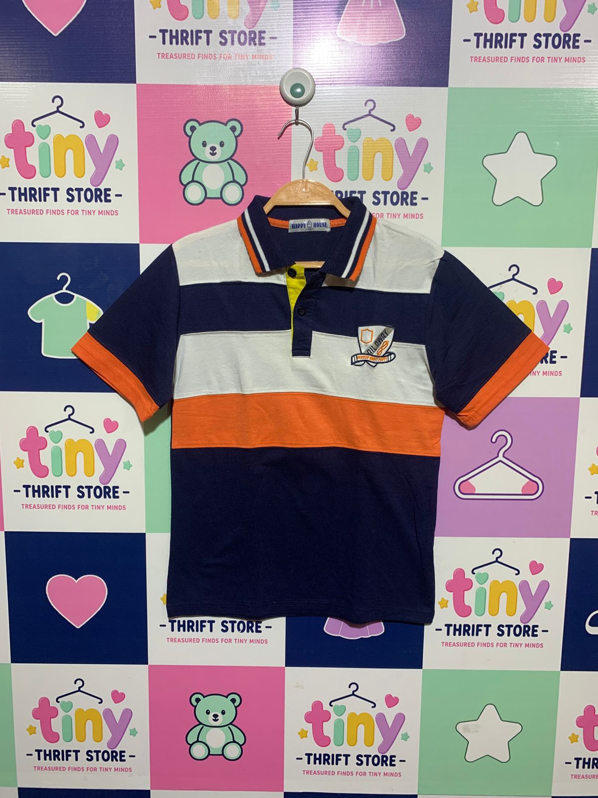 Happy House Boys Navy & Orange Striped Colorblock Polo - Size Estimated Age 12 Years AB1
