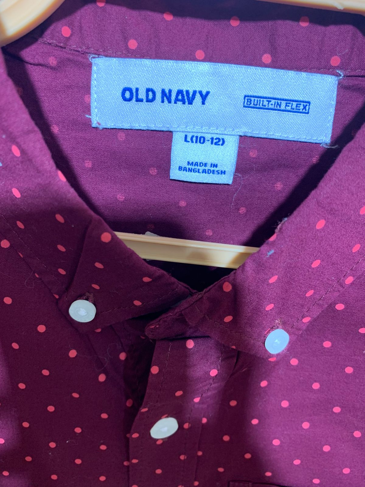 Old Navy Boys Maroon Polka Dot "Built-In Flex" Long Sleeve Button-Down Shirt - Size Estimated Age 10-12Y AB1