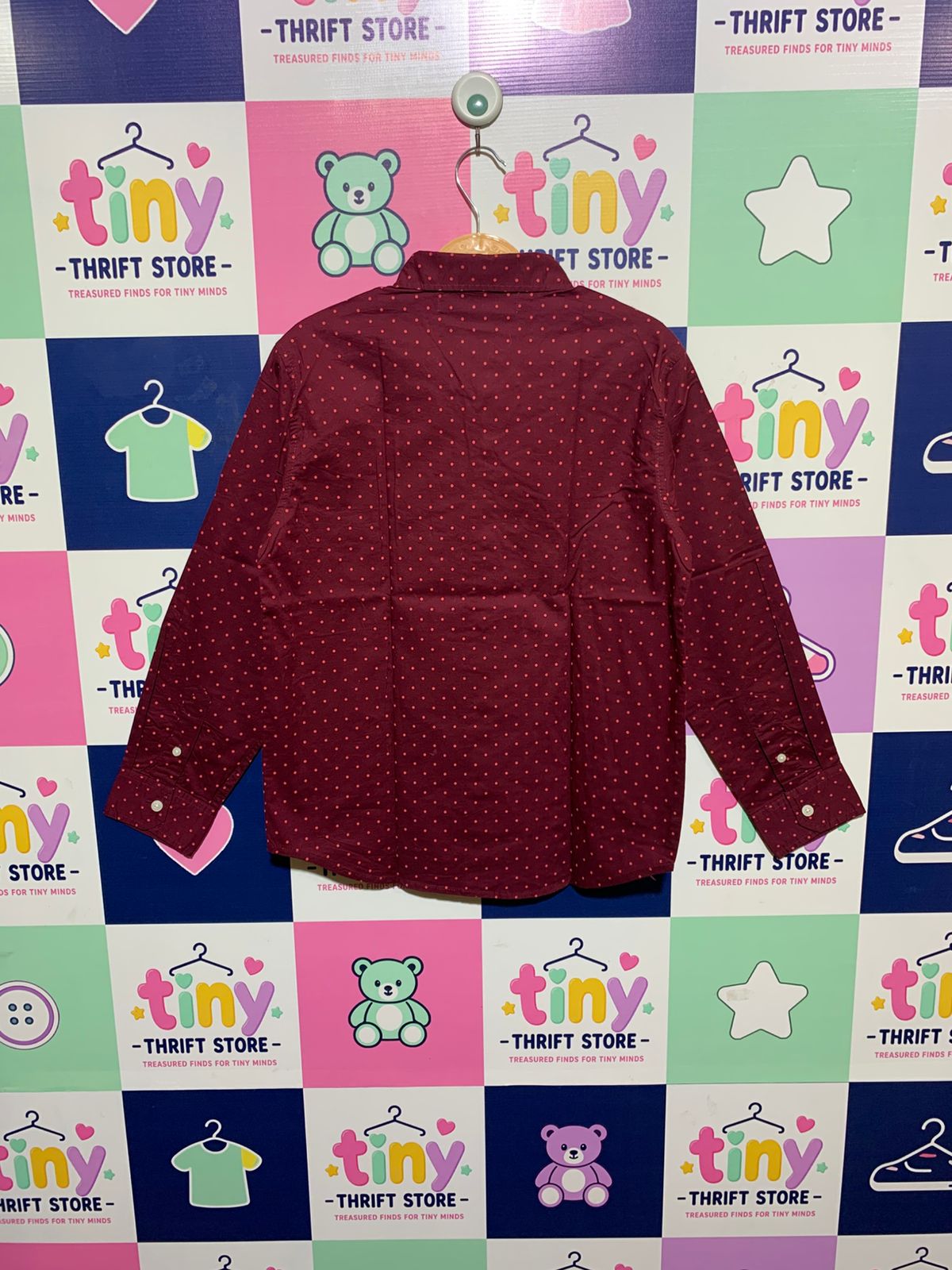 Old Navy Boys Maroon Polka Dot "Built-In Flex" Long Sleeve Button-Down Shirt - Size Estimated Age 10-12Y AB1