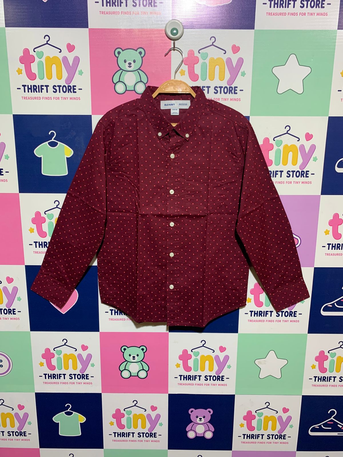 Old Navy Boys Maroon Polka Dot "Built-In Flex" Long Sleeve Button-Down Shirt - Size Estimated Age 10-12Y AB1