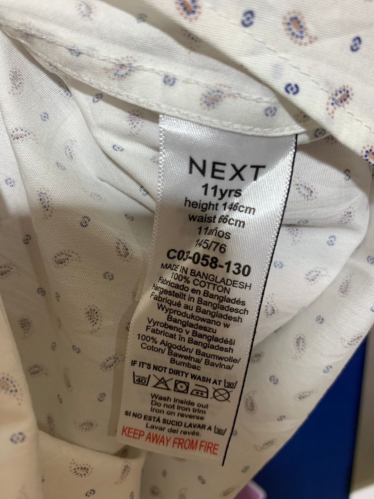 Next Boys "Original Brand" White Paisley Long Sleeve Button-Down Shirt - Size Estimated Age 11Y AB1