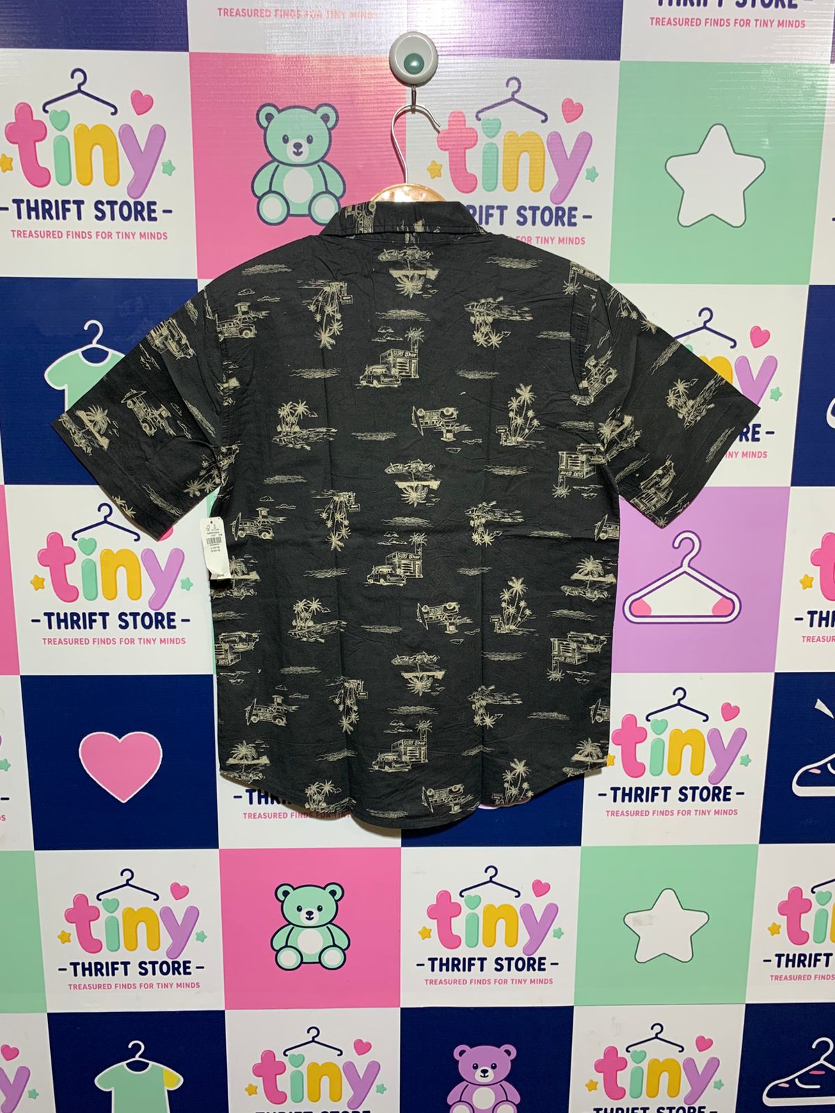 Old Navy Boys Charcoal Grey "Surf Shop & Tropical" Graphic Short Sleeve Shirt - Size Estimated Age 10-12Y AB1