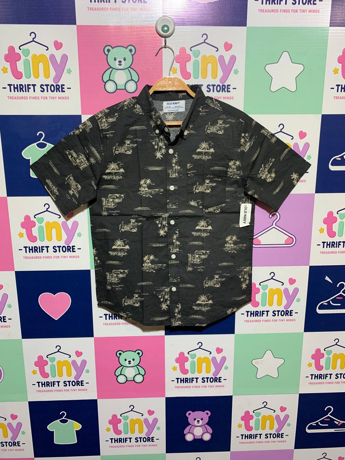 Old Navy Boys Charcoal Grey "Surf Shop & Tropical" Graphic Short Sleeve Shirt - Size Estimated Age 10-12Y AB1