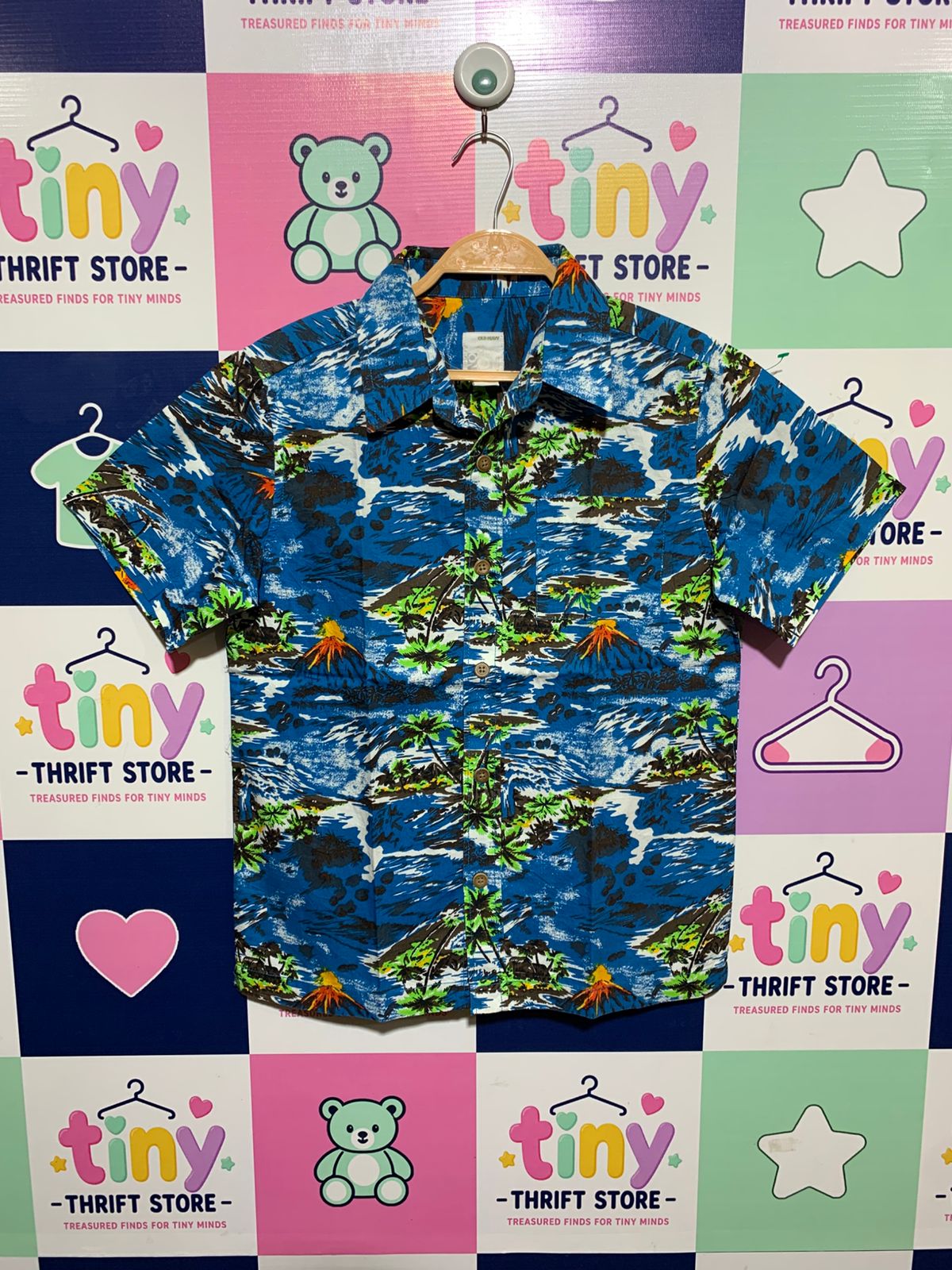 Old Navy Boys Blue "Volcano & Tropical Island" Short Sleeve Button-Down - Size 11 to 12 AB1