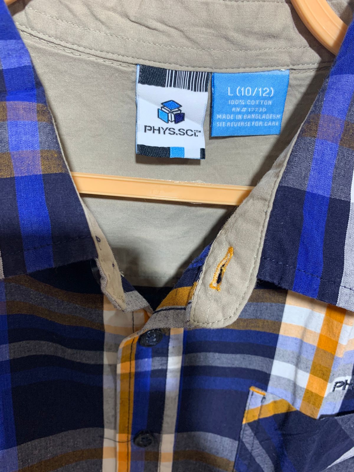 Phys.Sci Boys Navy & Orange Plaid Short Sleeve Button-Down - Size Estimated Age 10-12 AB1