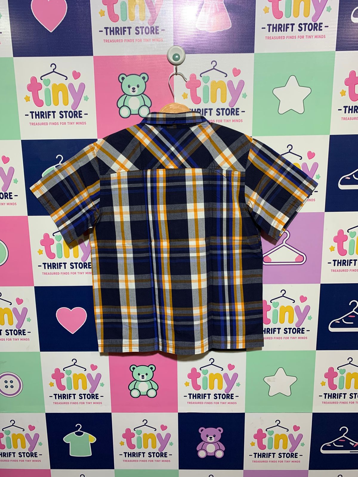 Phys.Sci Boys Navy & Orange Plaid Short Sleeve Button-Down - Size Estimated Age 10-12 AB1