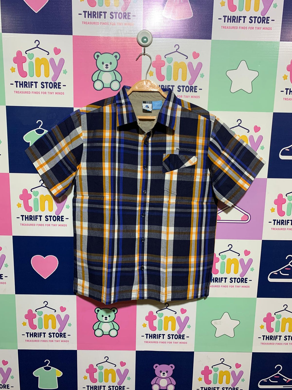 Phys.Sci Boys Navy & Orange Plaid Short Sleeve Button-Down - Size Estimated Age 10-12 AB1