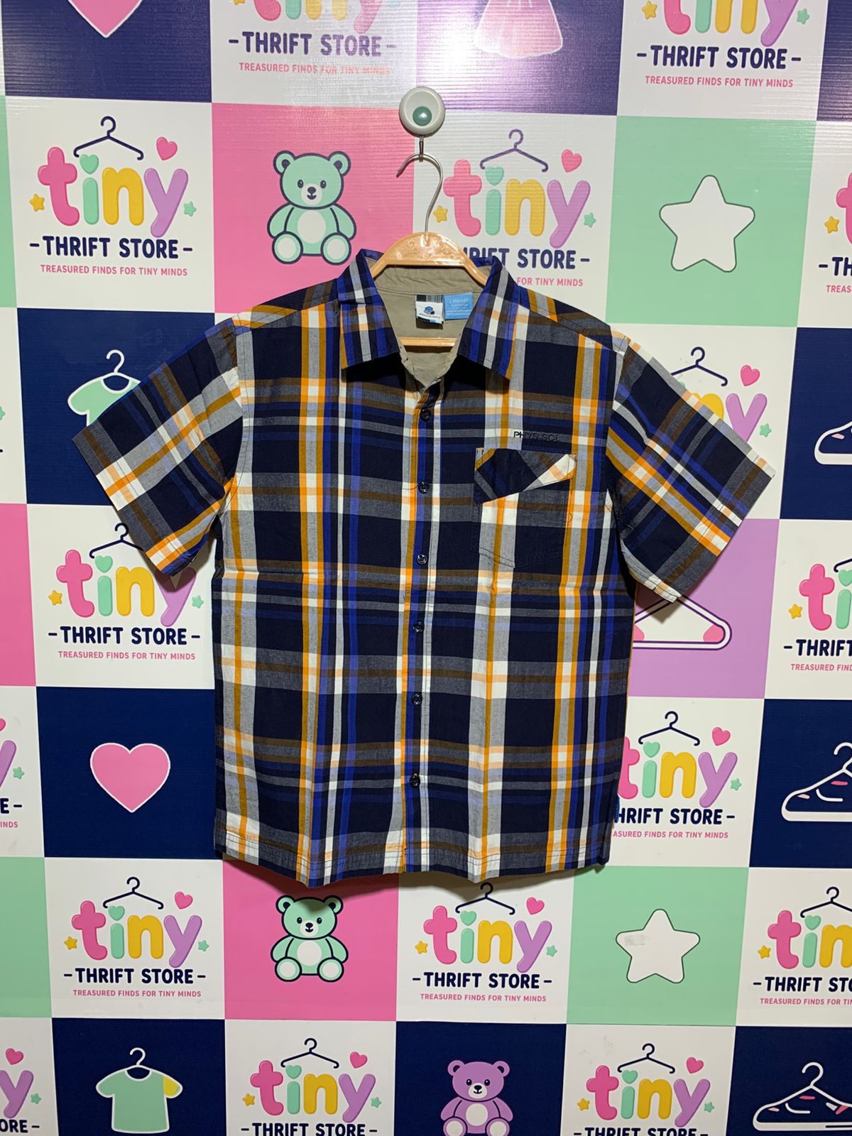 Phys.Sci Boys Navy & Orange Plaid Short Sleeve Button-Down - Size Estimated Age 10-12 AB1