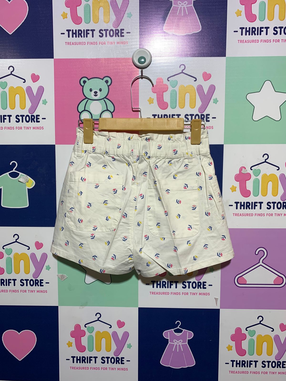 Okaïdi Girls Off-White Floral Paperbag Waist Cotton Shorts - Size Estimated Age 12 Years AB1
