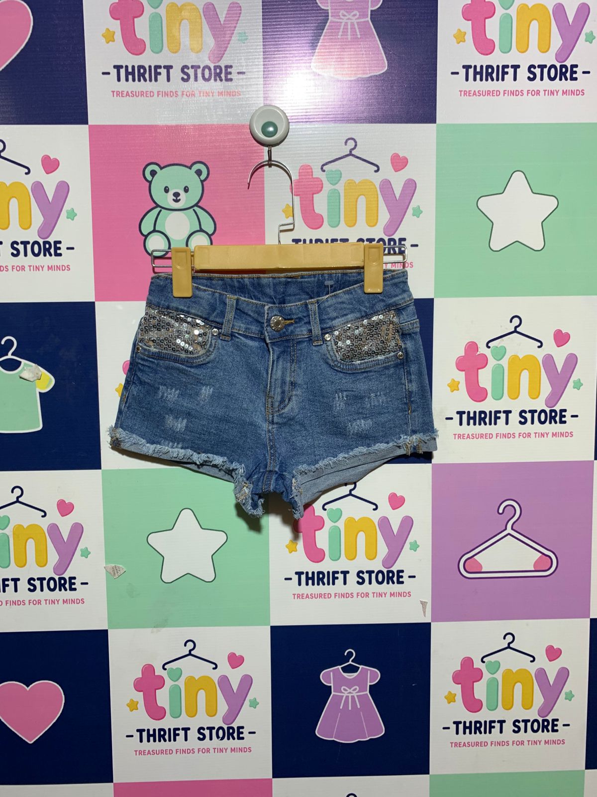 TITLE: Y.F.K. Girls Denim Sequined Frayed Shorts – Size 10-11 Years (146 cm) AB1