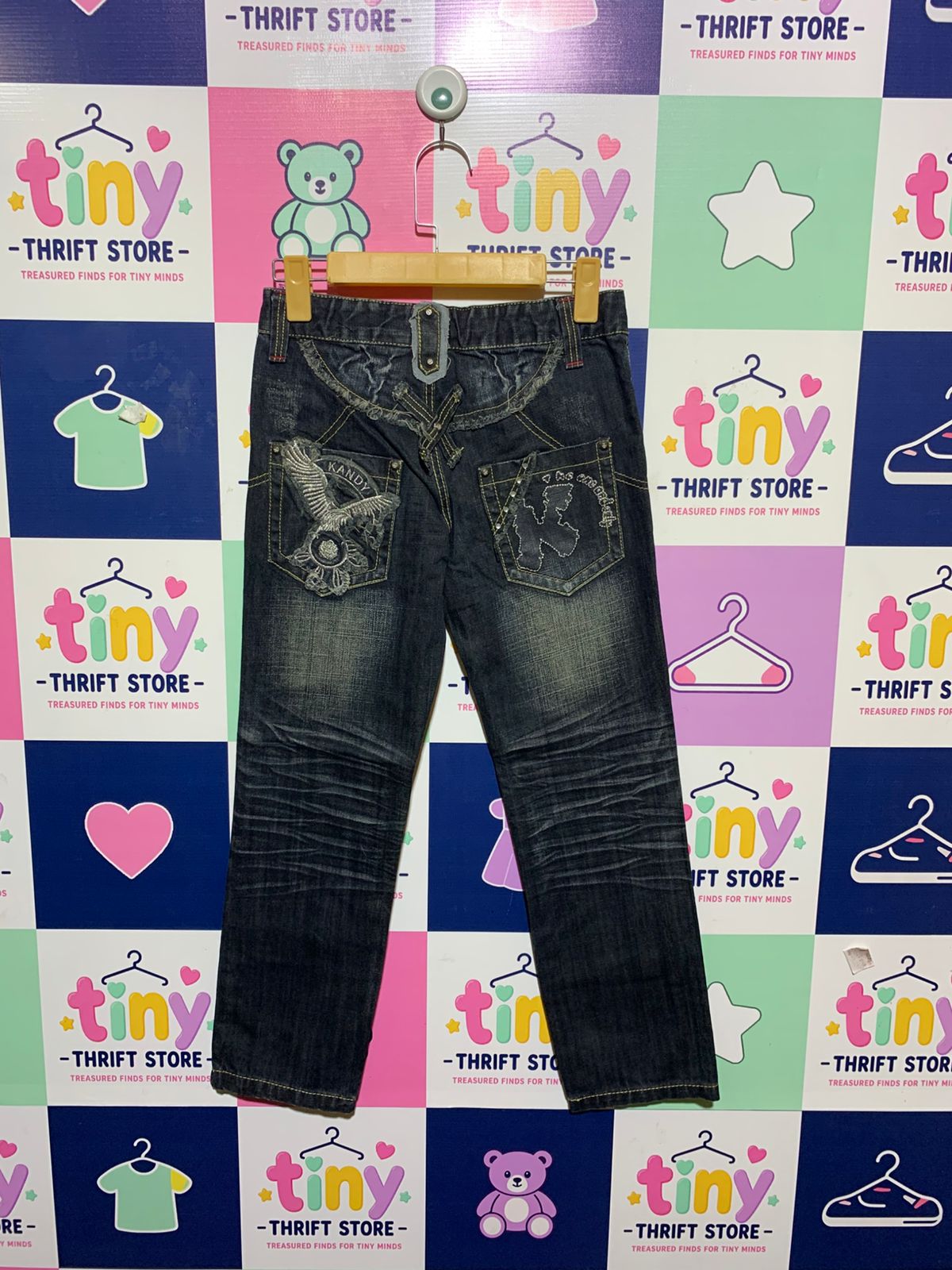 Kandy Jeans Girls Embellished Dark Wash Distressed Denim Pants - Size 15 Estimated Age 11-12 Years AB1