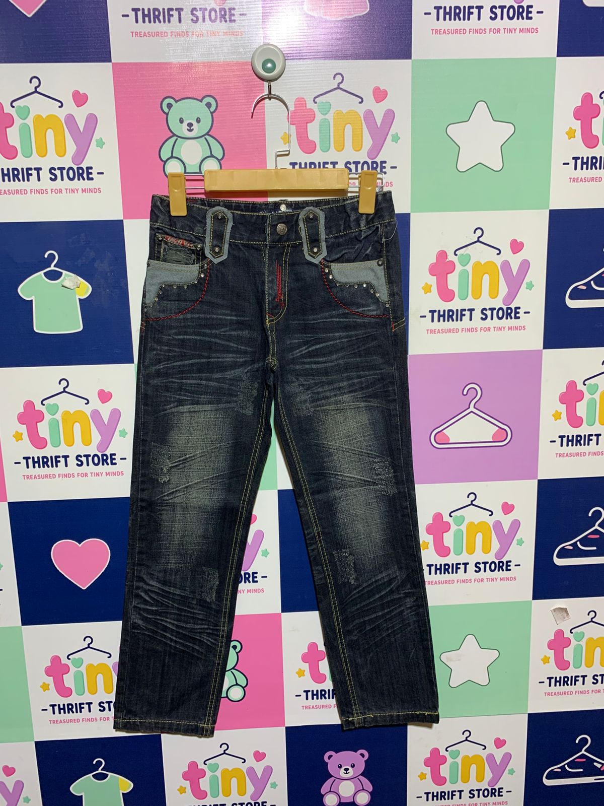 Kandy Jeans Girls Embellished Dark Wash Distressed Denim Pants - Size 15 Estimated Age 11-12 Years AB1