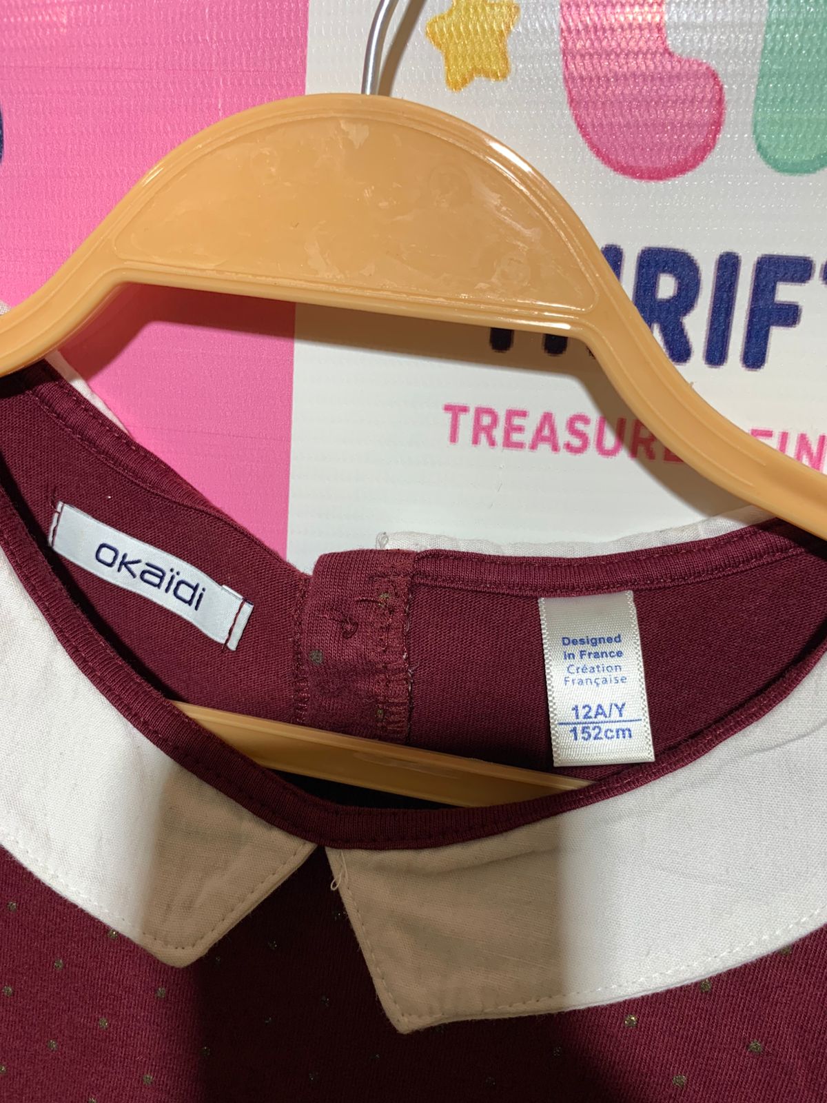 Okaïdi Girls Burgundy Peter Pan Collar Glitter Tee - Size Estimated Age 11-12 Years AB1