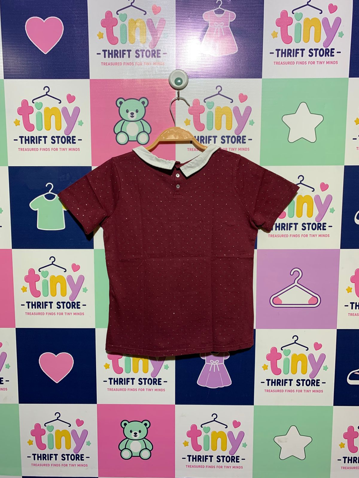 Okaïdi Girls Burgundy Peter Pan Collar Glitter Tee - Size Estimated Age 11-12 Years AB1