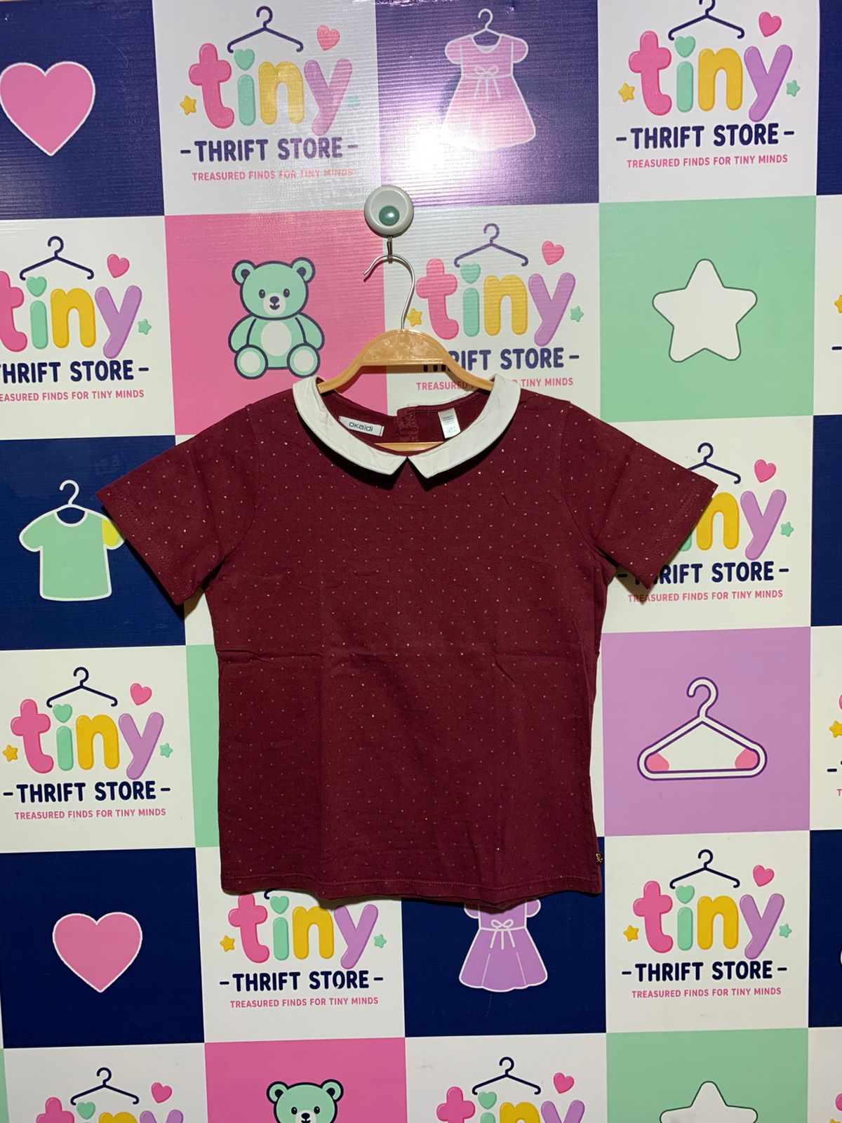 Okaïdi Girls Burgundy Peter Pan Collar Glitter Tee - Size Estimated Age 11-12 Years AB1