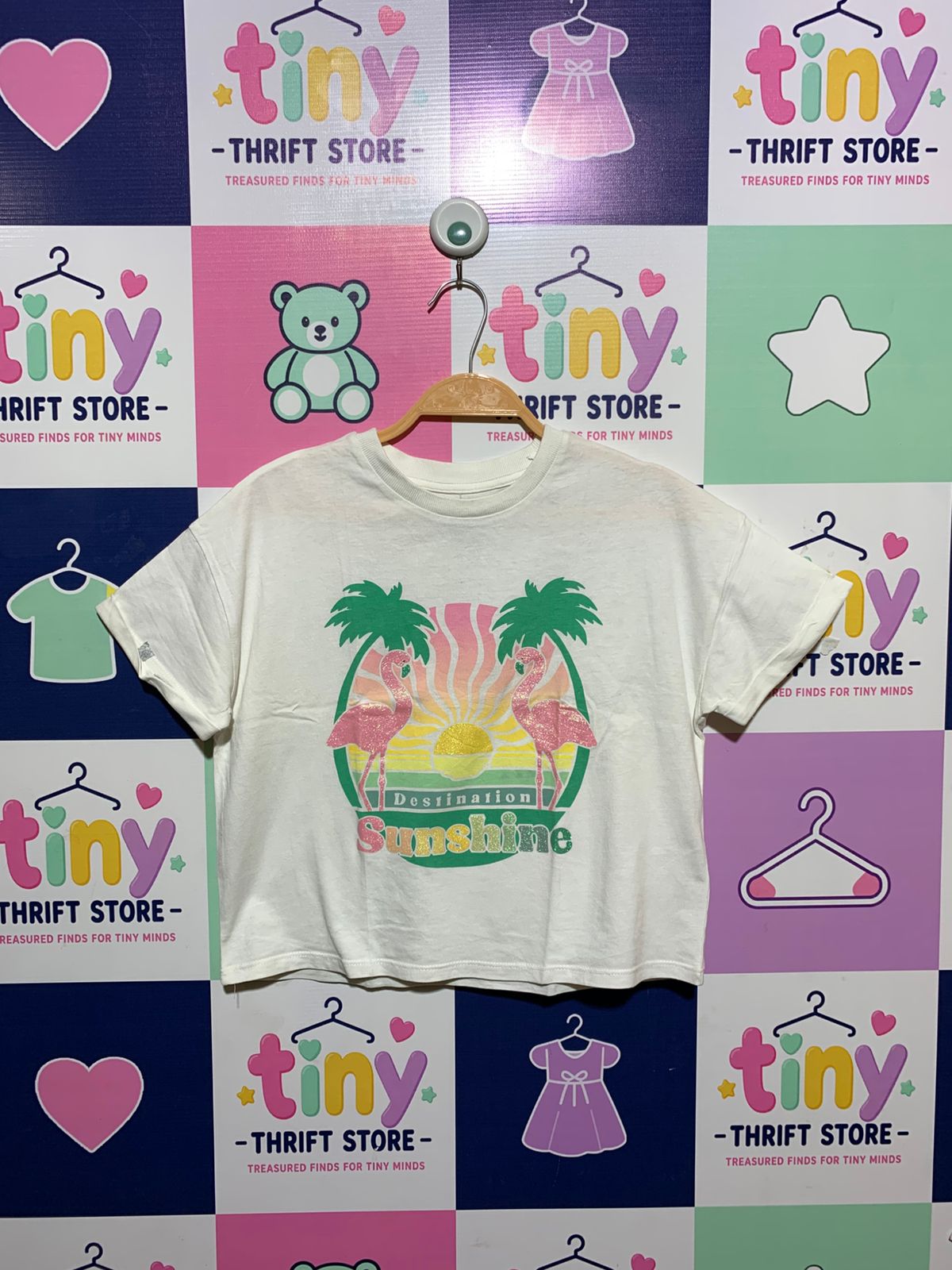 M&S Originals Girls White "Destination Sunshine" Flamingo Crop Tee - Size Estimated Age 10-11 Years AB1