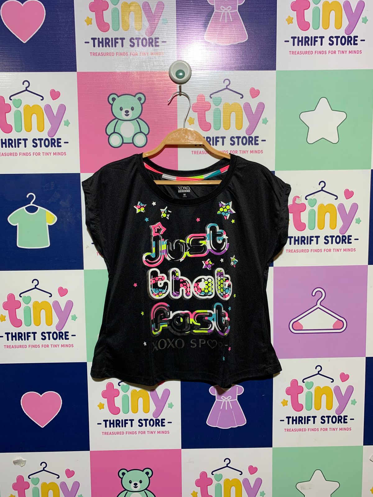 XOXO Sport Girls Black "Just That Fast" Activewear Cross-Back Tee - Size Estimated Age 10-12 Years AB1