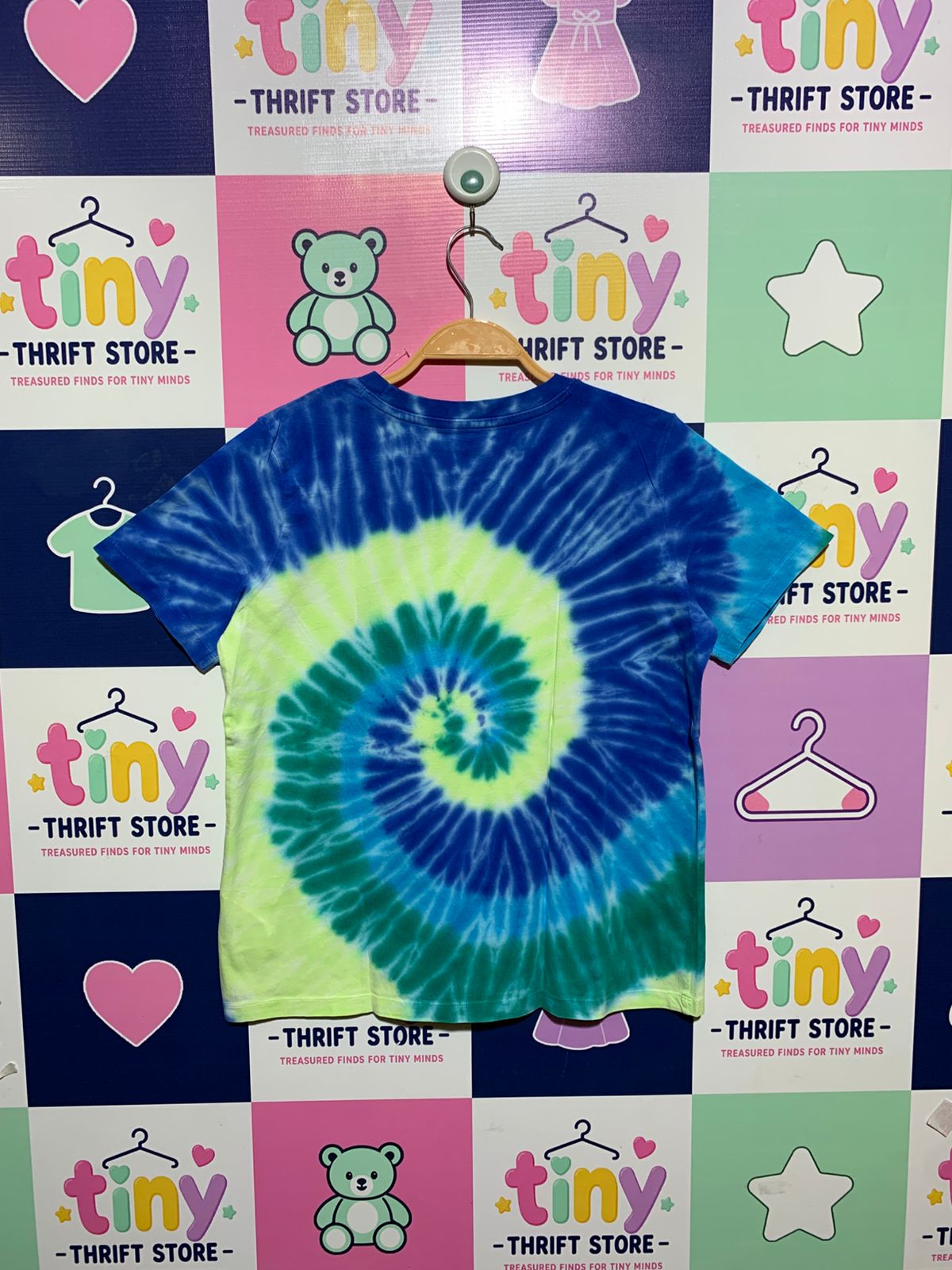 Lands' End Kids Vibrant Blue & Lime Green Spiral Tie-Dye Short Sleeve Tee - Size L (10-12) AB1