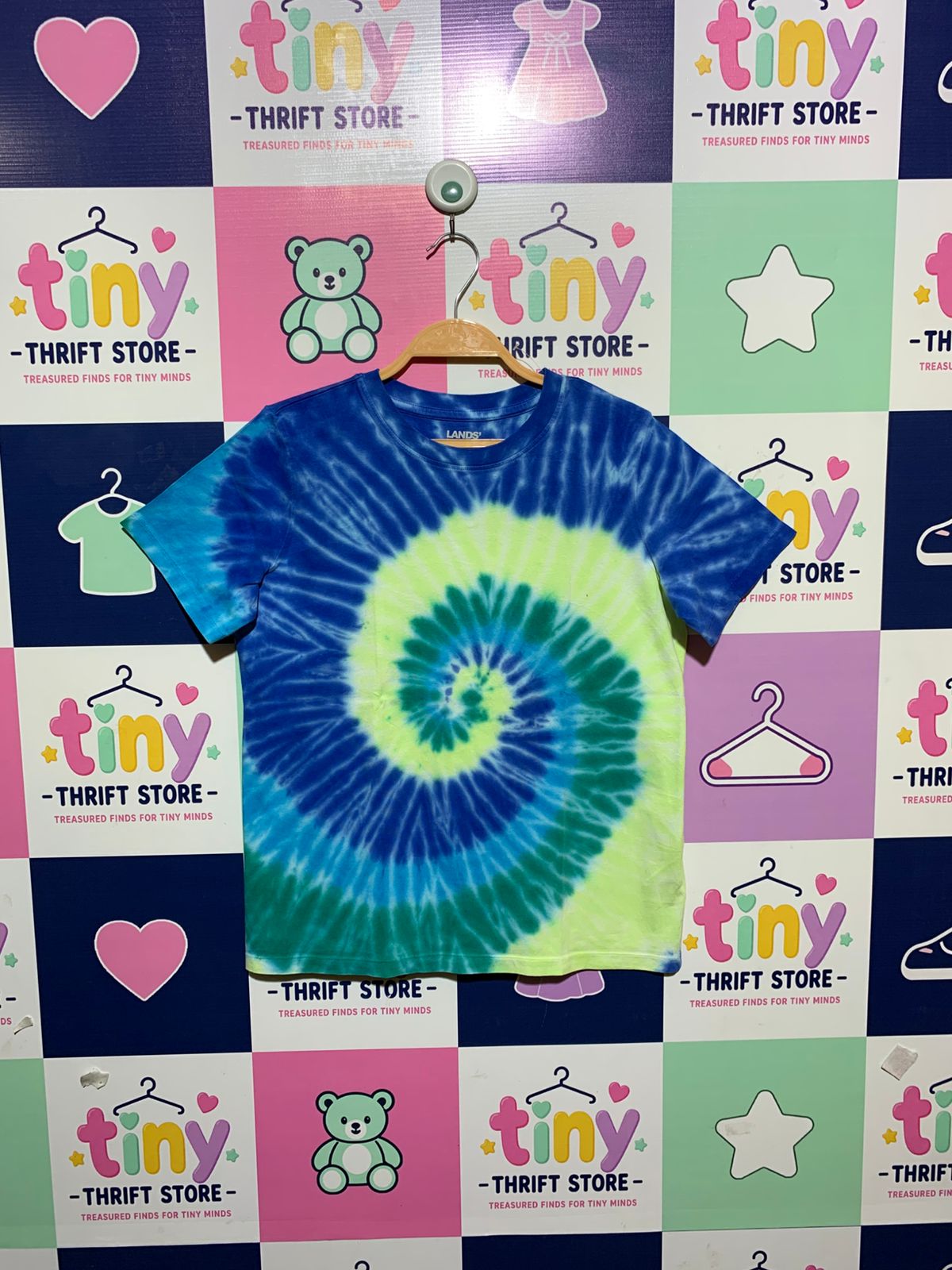 Lands' End Kids Vibrant Blue & Lime Green Spiral Tie-Dye Short Sleeve Tee - Size L (10-12) AB1