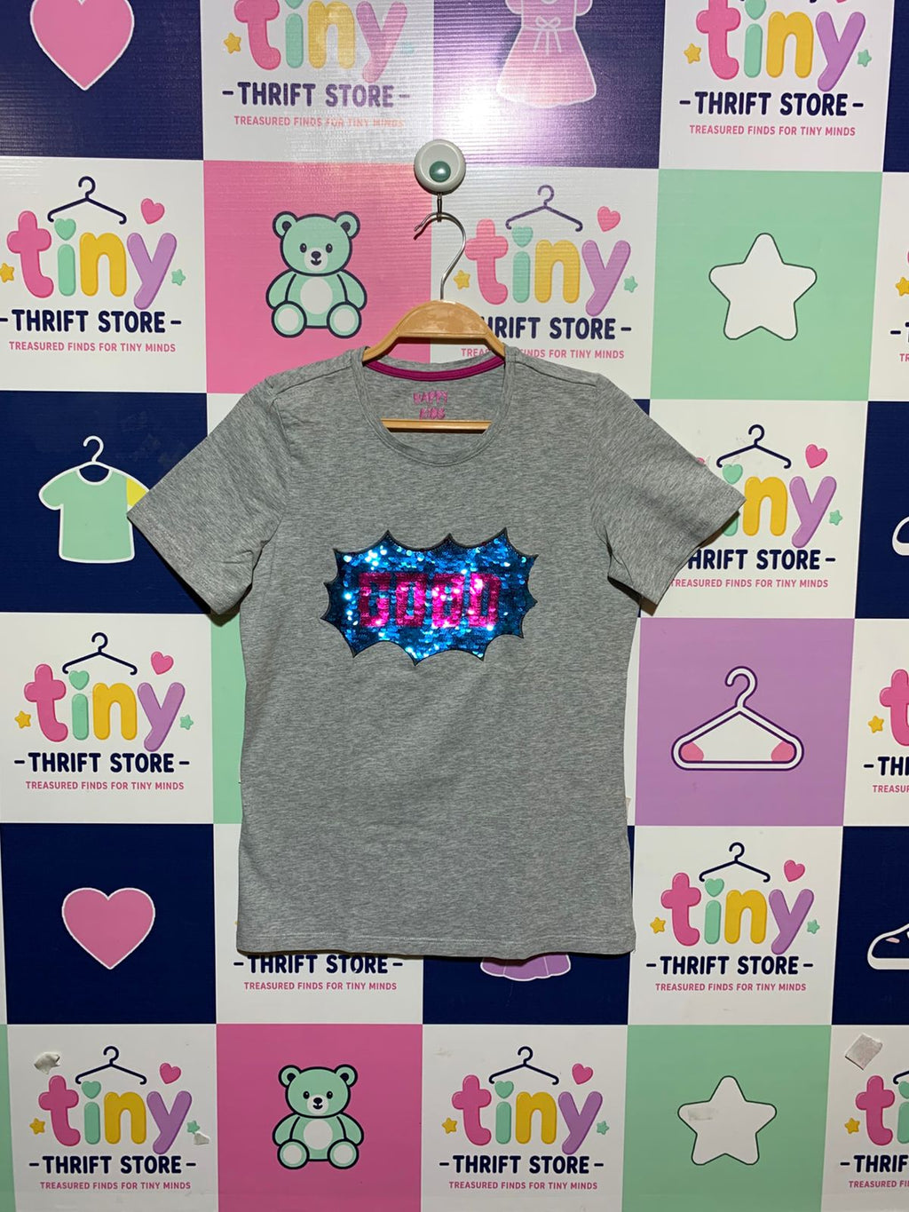 Happy Kids by Tchibo Girls Heather Grey Sequin "COOL" Short Sleeve Tee - Size 146/152 11 to 12 years AB1