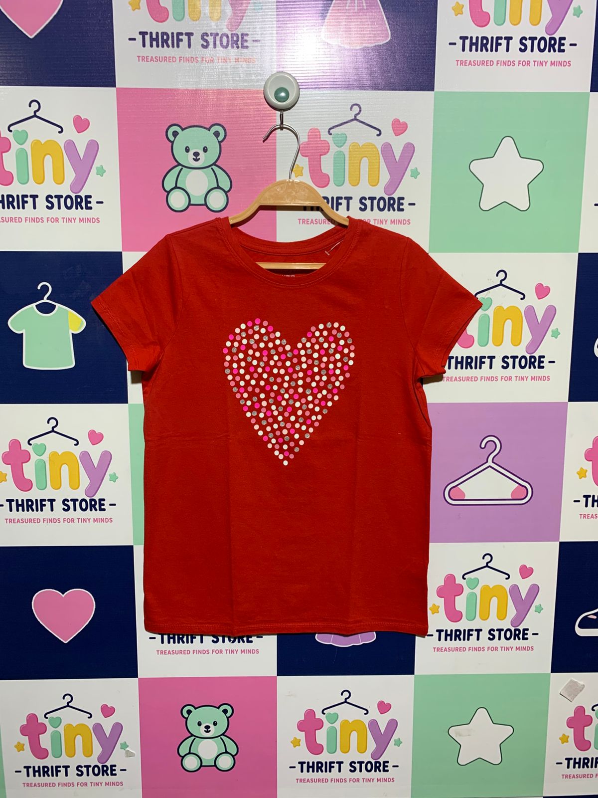 Cat & Jack Girls Crimson Red Polka Dot Studded Heart Short Sleeve Tee - Size Estimated Age 10–12 Years AB1