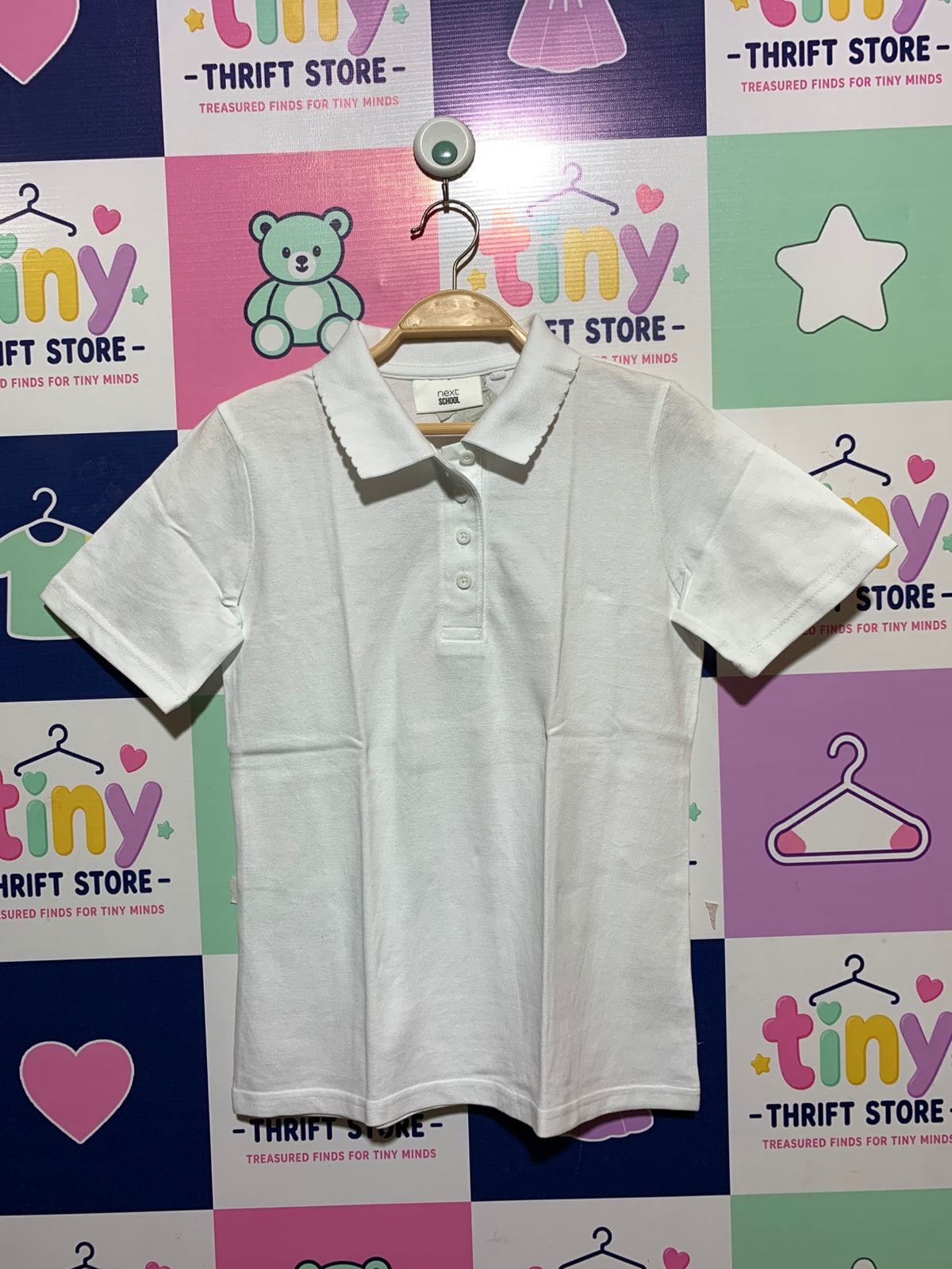 Next School Girls White Scalloped Collar Short Sleeve Polo - Size 12 Years (Height 152cm) AB1