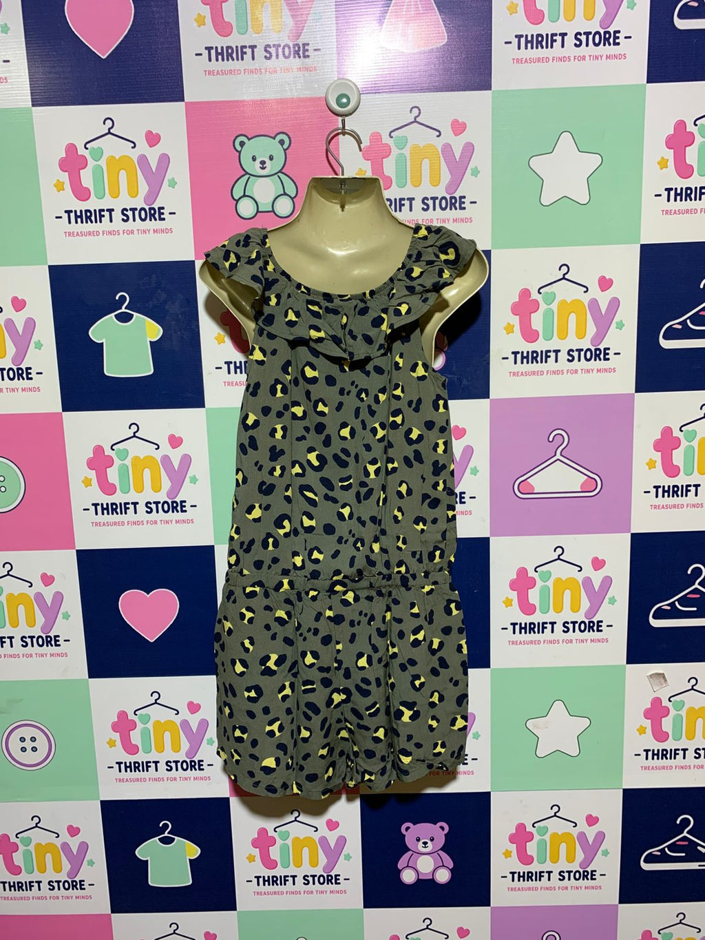 HEMA Girls Olive Green Abstract Leopard Print Ruffled Romper - Size 146/152 (Estimated Age 10-12 Years) AB1