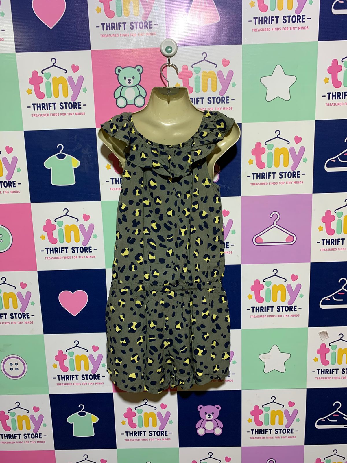 HEMA Girls Olive Green Abstract Leopard Print Ruffled Romper - Size 146/152 (Estimated Age 10-12 Years) AB1