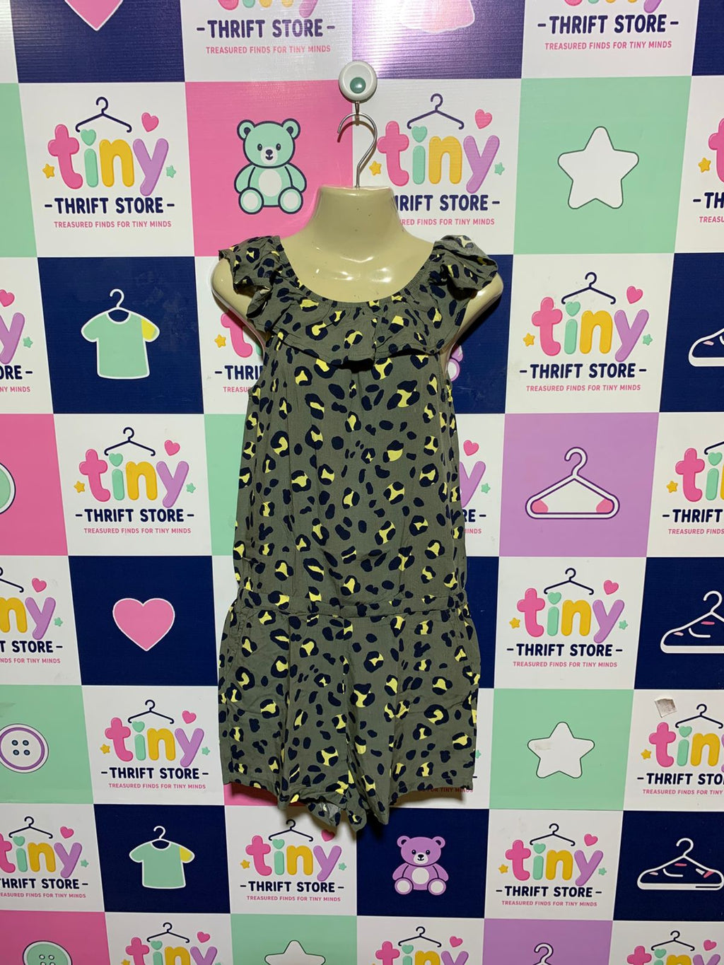 HEMA Girls Olive Green Abstract Leopard Print Ruffled Romper - Size 146/152 (Estimated Age 10-12 Years) AB1