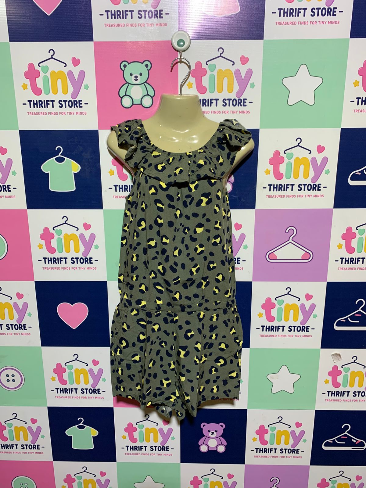HEMA Girls Olive Green Abstract Leopard Print Ruffled Romper - Size 146/152 (Estimated Age 10-12 Years) AB1