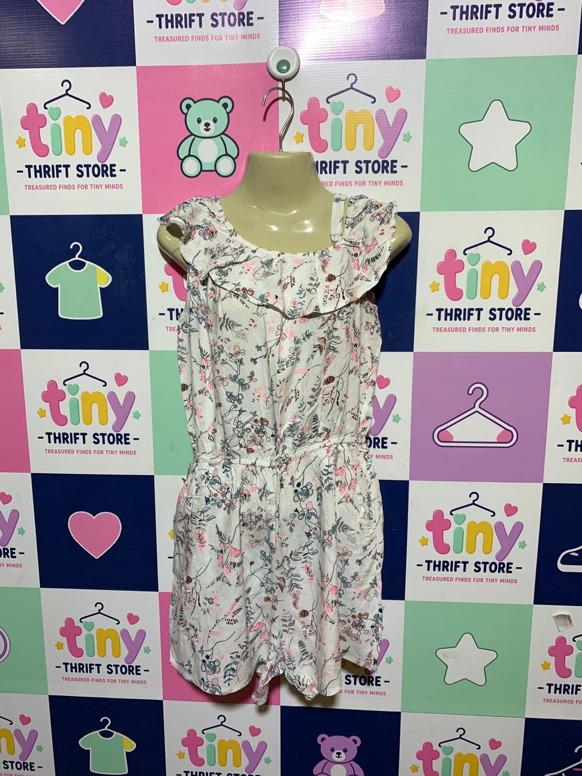 H&M Girls White Whimsical Wildflower & Woodland Print Ruffled Romper - Size 152 (Estimated Age 11-12 Years) AB1